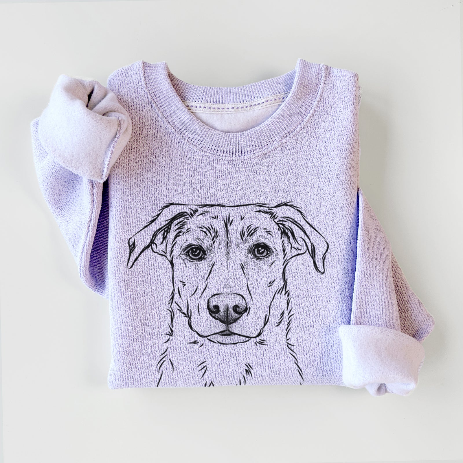 Hand-drawn sketch of Peanut the Lab Mix on an Ice Purple knit sweatshirt