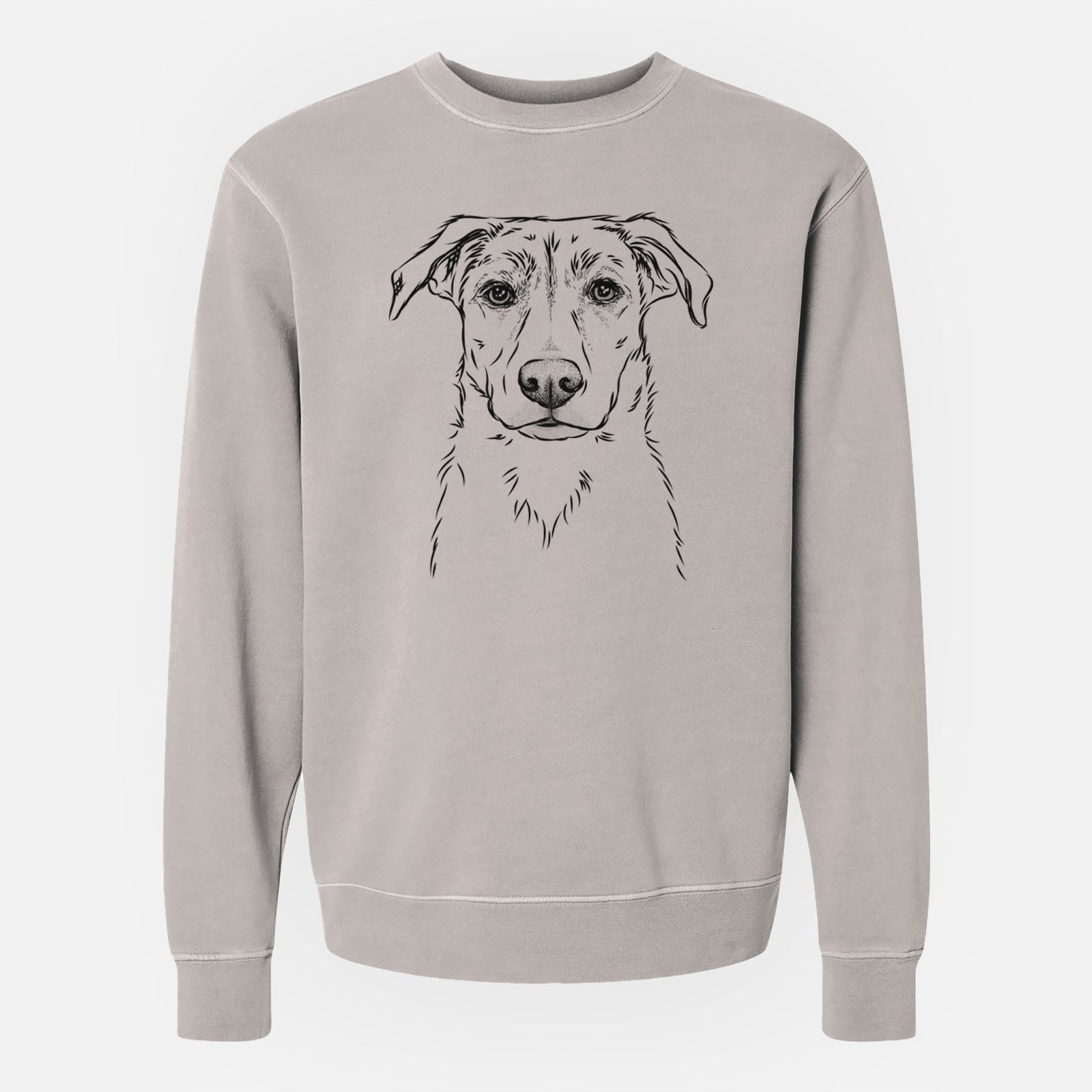 Hand-drawn sketch of Peanut the Lab Mix on a Cement Unisex pigment dyed crew sweatshirt
