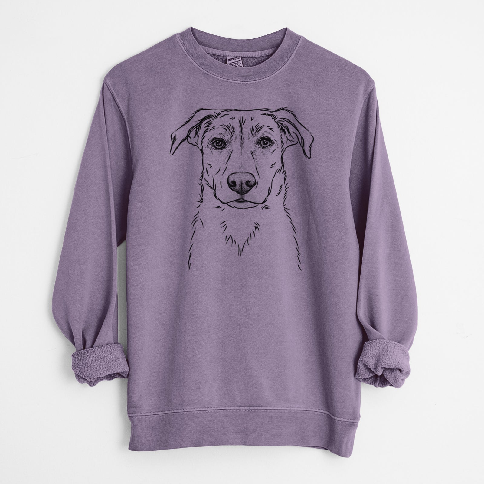 Hand-drawn sketch of Peanut the Lab Mix on a Plum Unisex pigment dyed crew sweatshirt