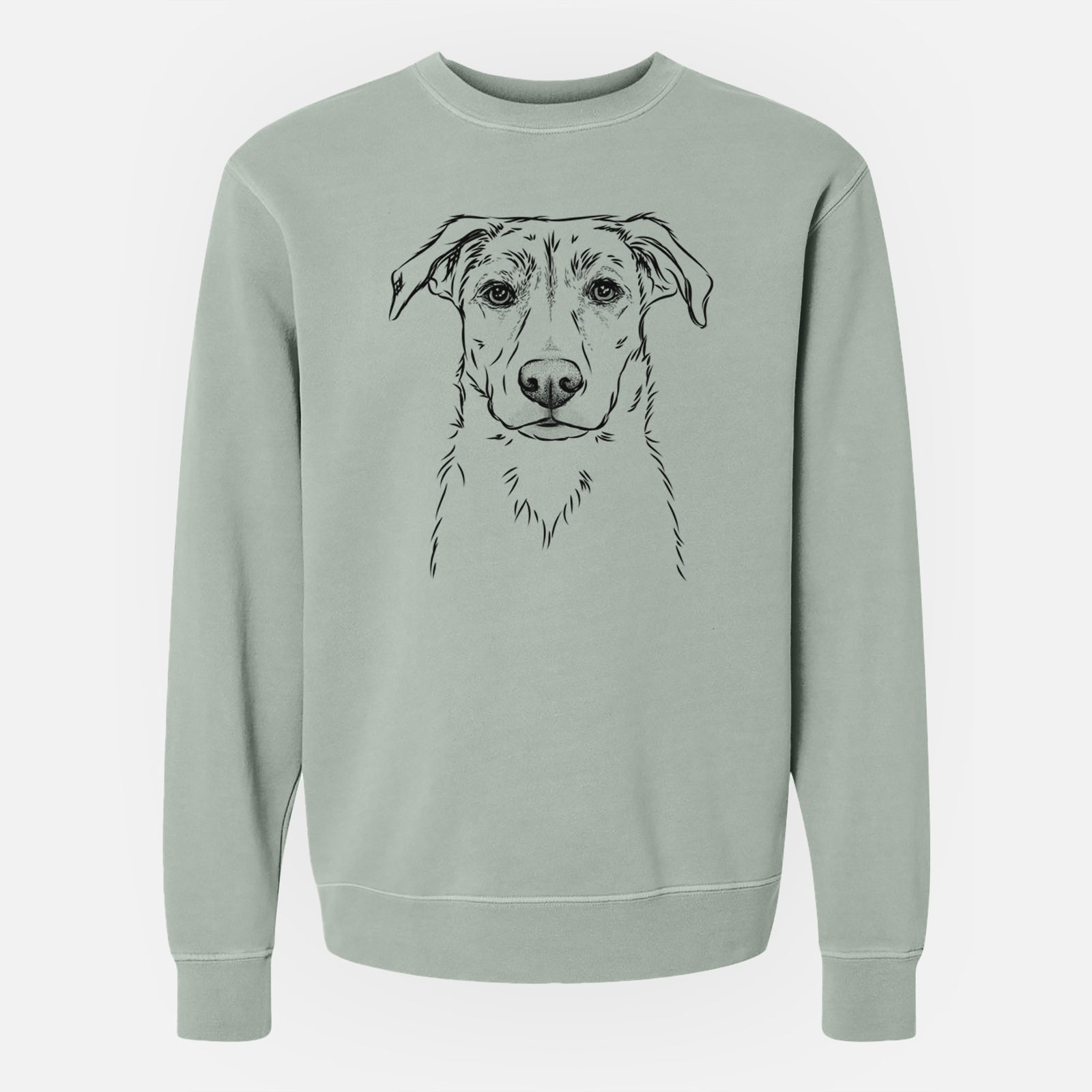 Hand-drawn sketch of Peanut the Lab Mix on a Sage Unisex pigment dyed crew sweatshirt