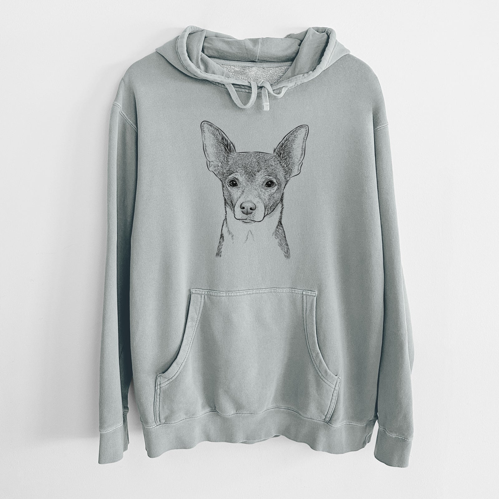 Hand-drawn sketch of Peanut the Chihuahua on a Sage Unisex pigment dyed hoodie
