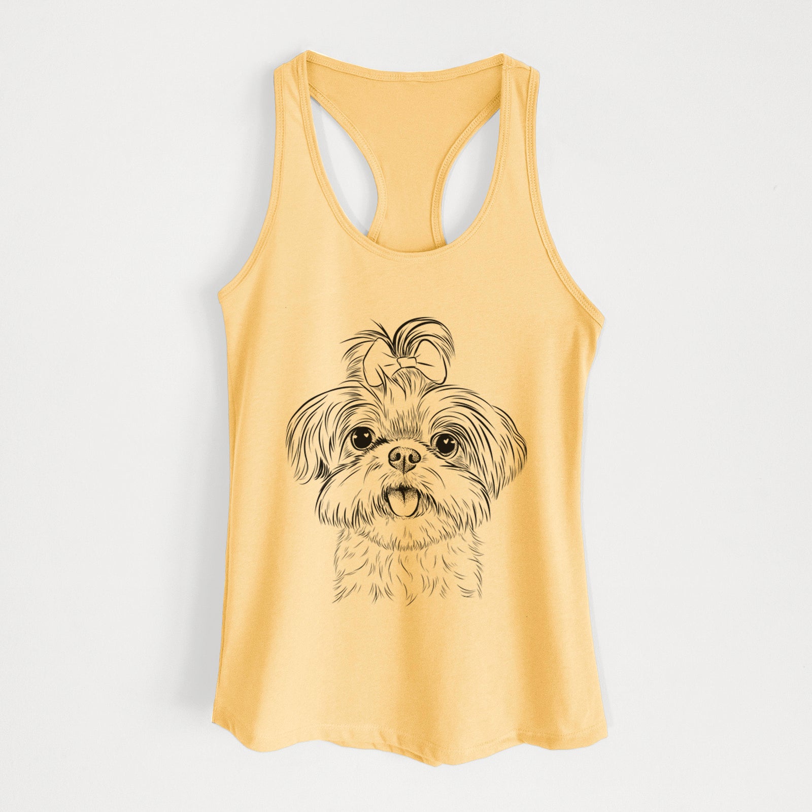 Hand-drawn sketch of Pebbles the Shorkie on a Banana Cream Women's racerback tanktop