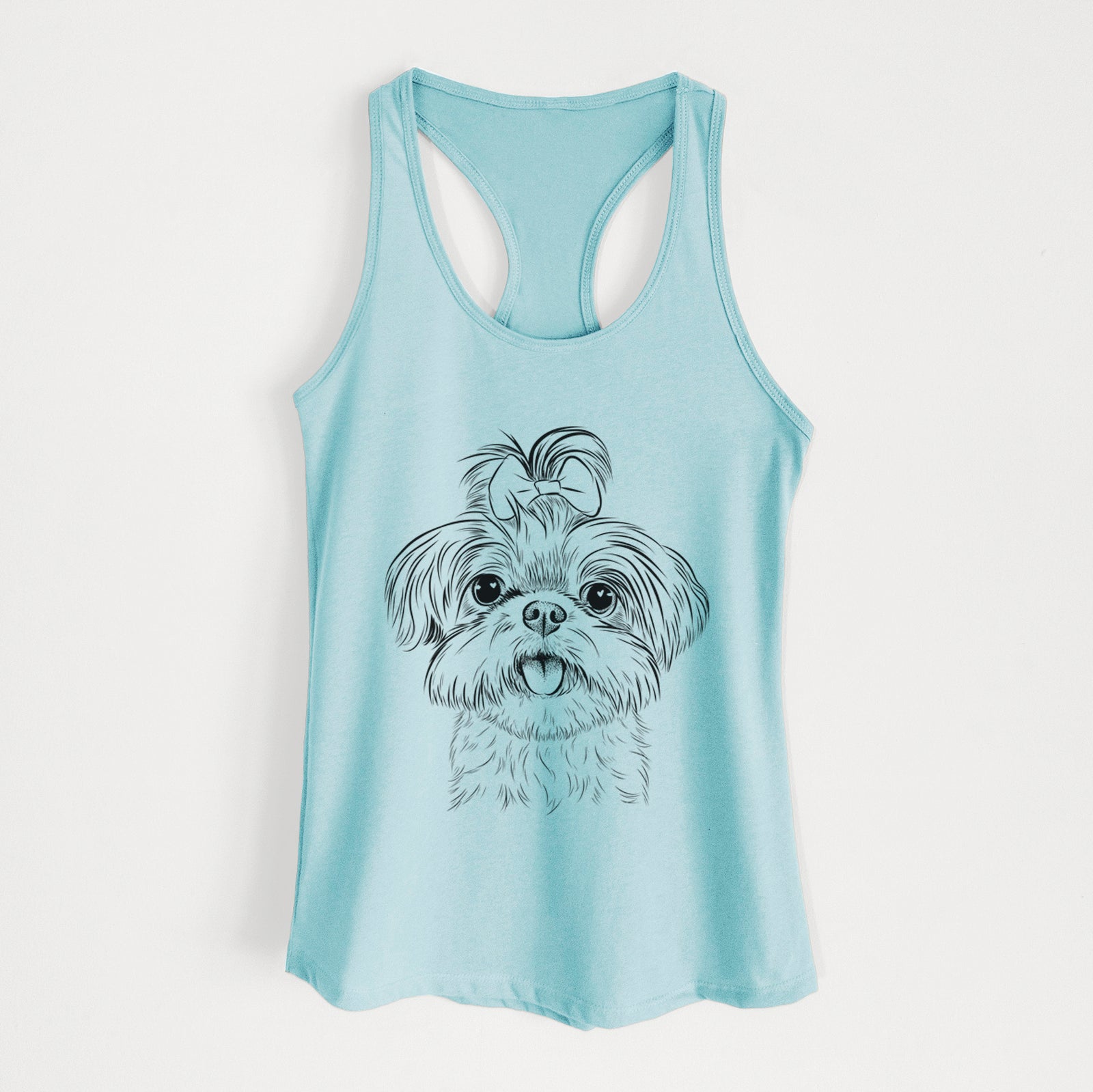 Hand-drawn sketch of Pebbles the Shorkie on a Cancun Blue Women's racerback tanktop