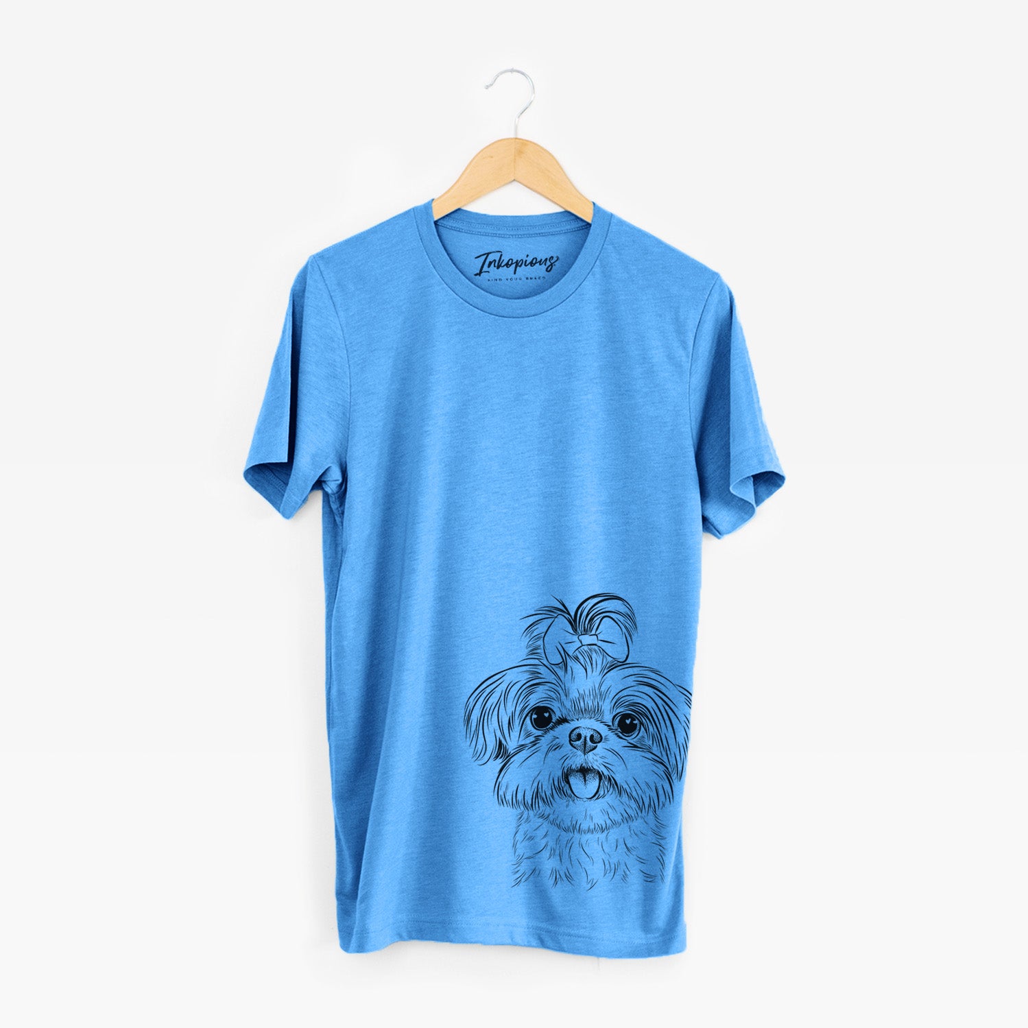 Hand-drawn sketch of Pebbles the Shorkie on a Blue Unisex crewneck
