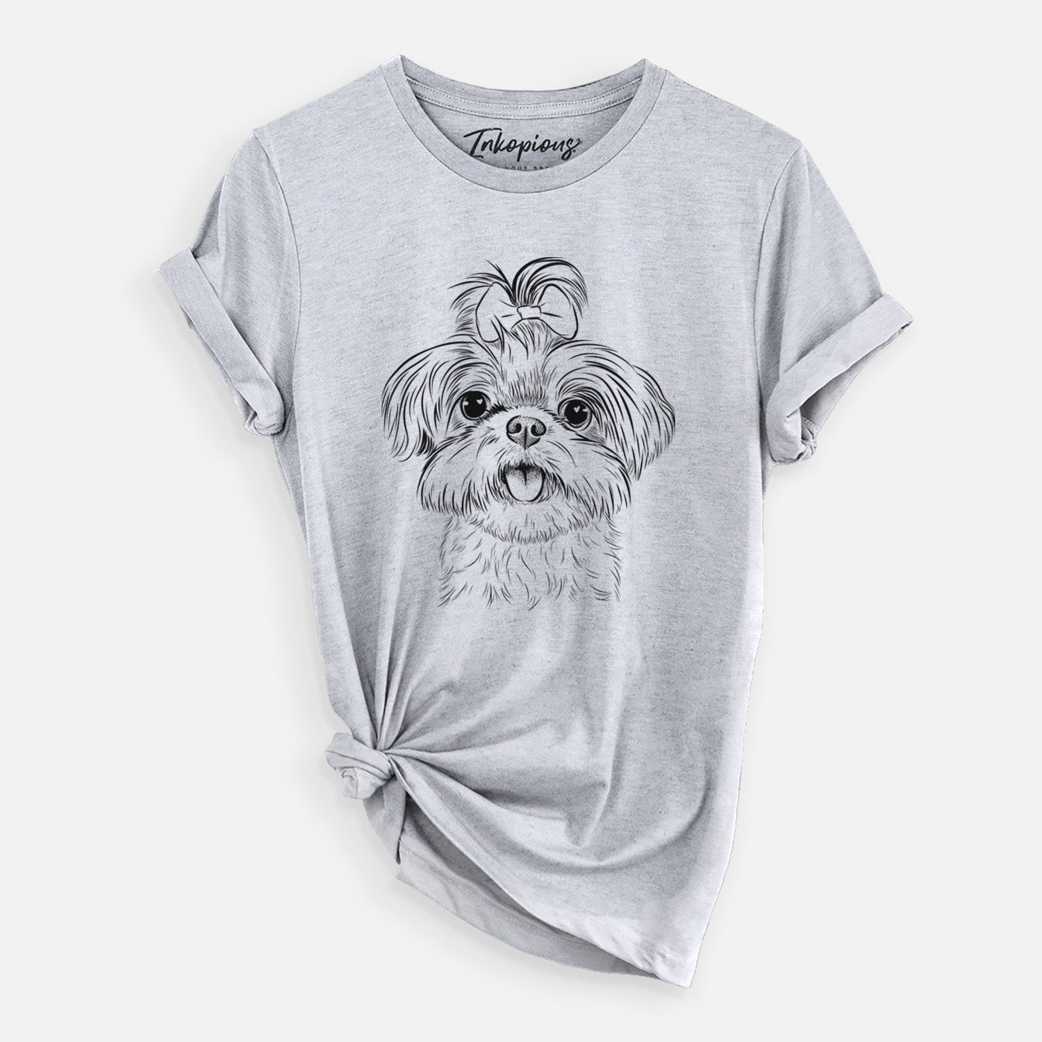 Hand-drawn sketch of Pebbles the Shorkie on a Grey Unisex crewneck