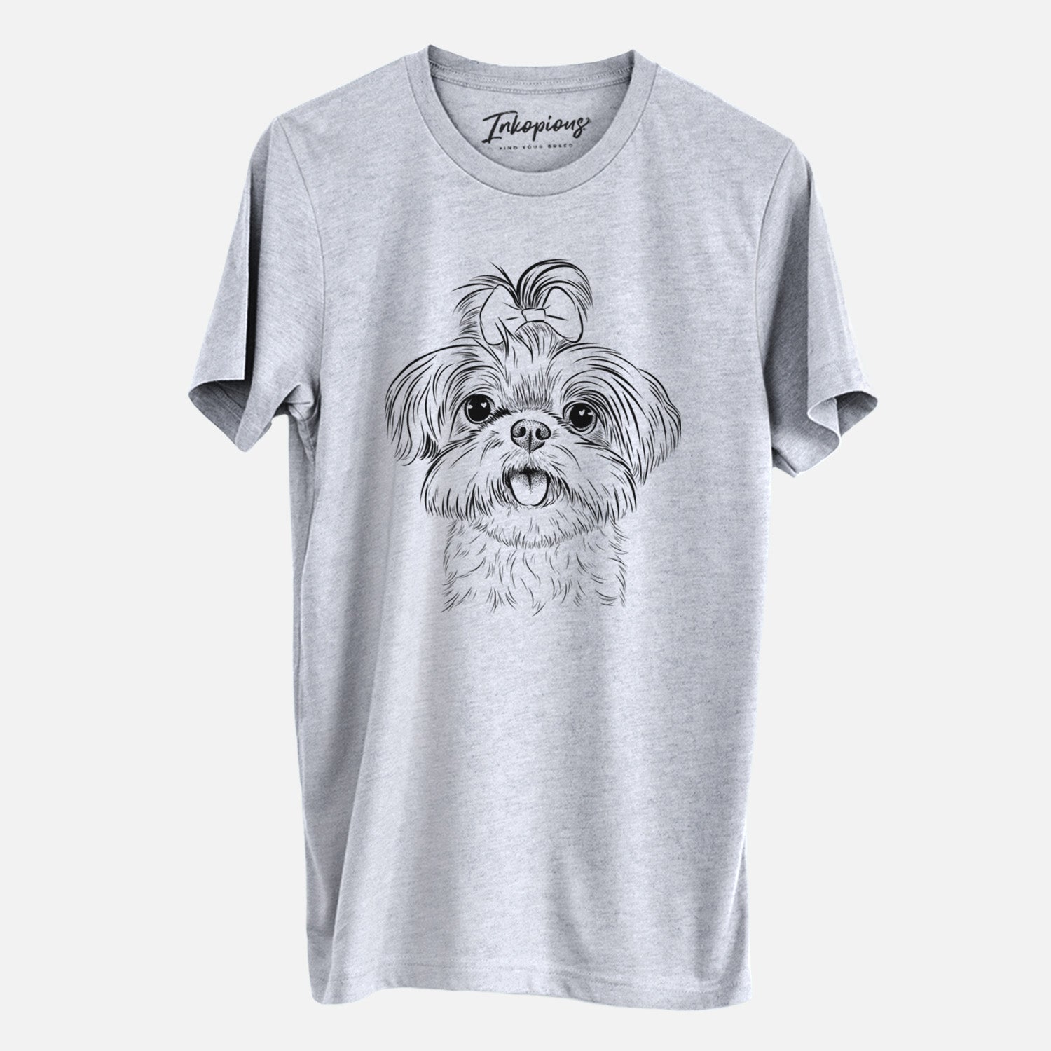 Hand-drawn sketch of Pebbles the Shorkie on a Grey Unisex crewneck