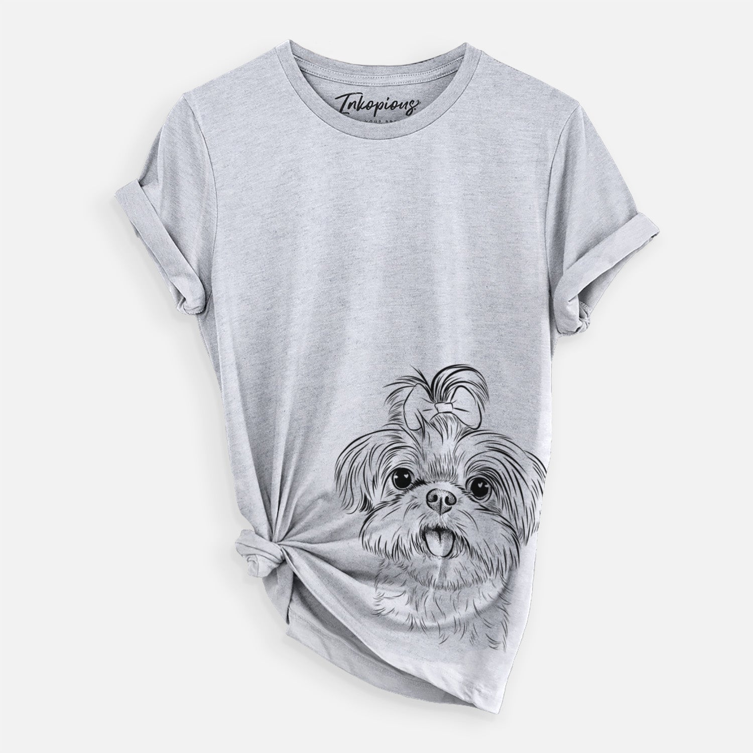 Hand-drawn sketch of Pebbles the Shorkie on a Grey Unisex crewneck