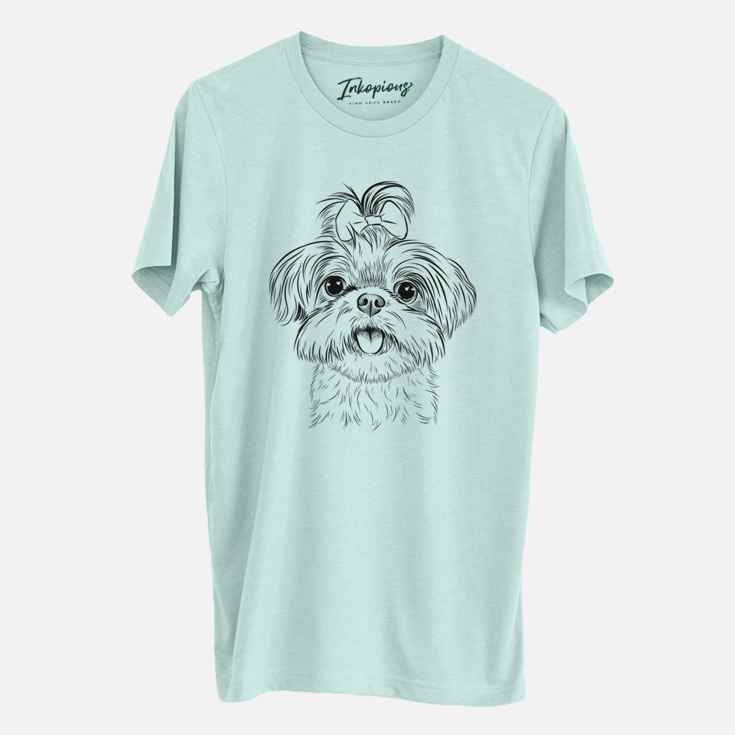 Hand-drawn sketch of Pebbles the Shorkie on a Heather Sage Unisex crewneck