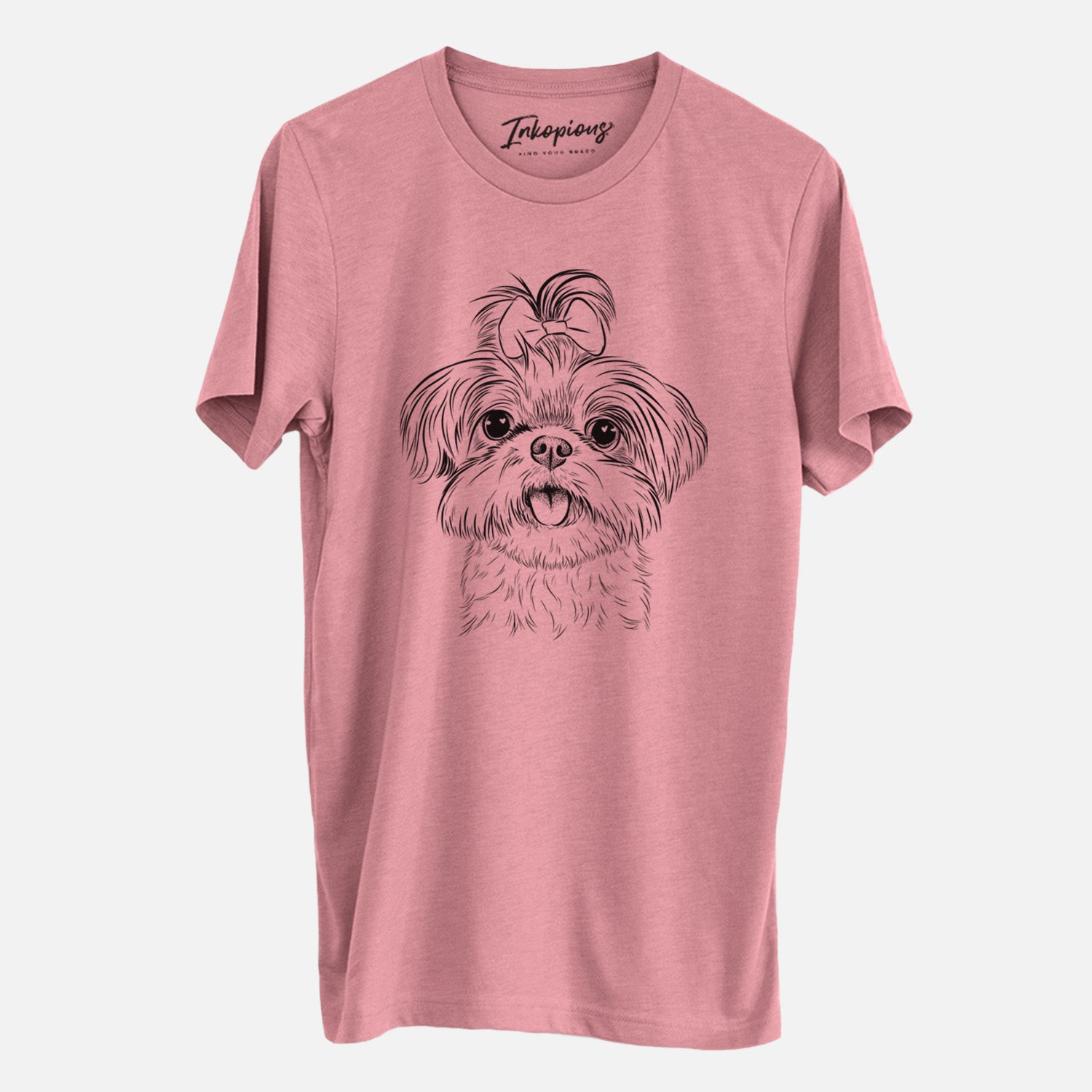 Hand-drawn sketch of Pebbles the Shorkie on a Mauve Unisex crewneck