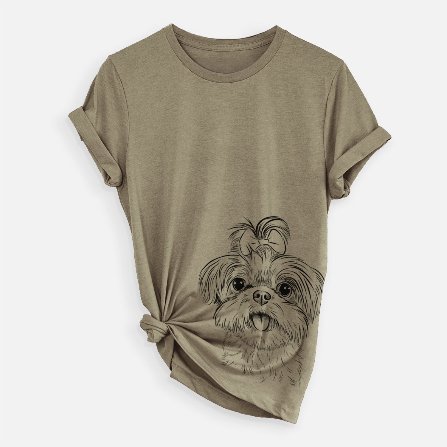 Hand-drawn sketch of Pebbles the Shorkie on an Olive Unisex crewneck