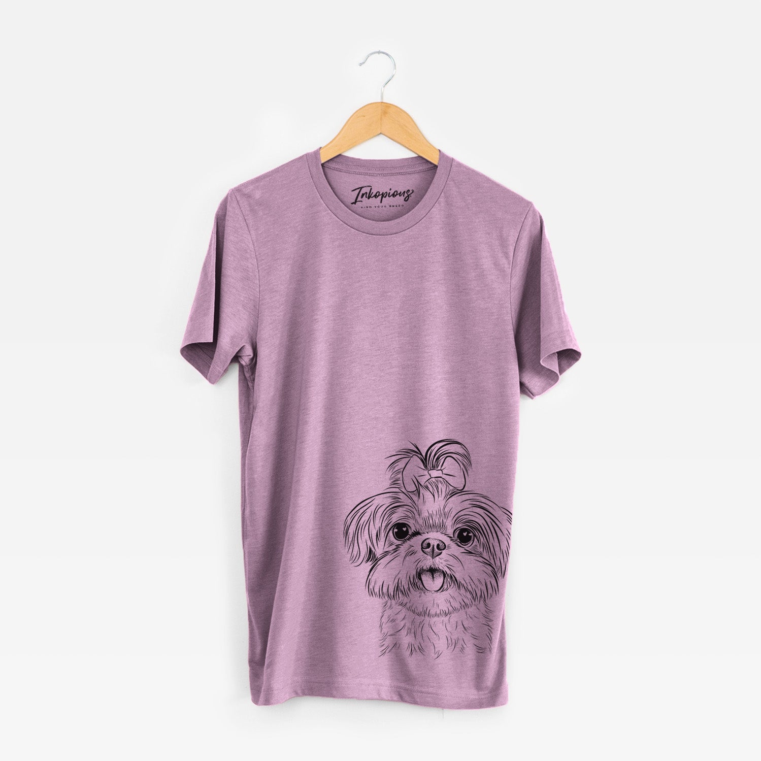 Hand-drawn sketch of Pebbles the Shorkie on an Orchid Unisex crewneck