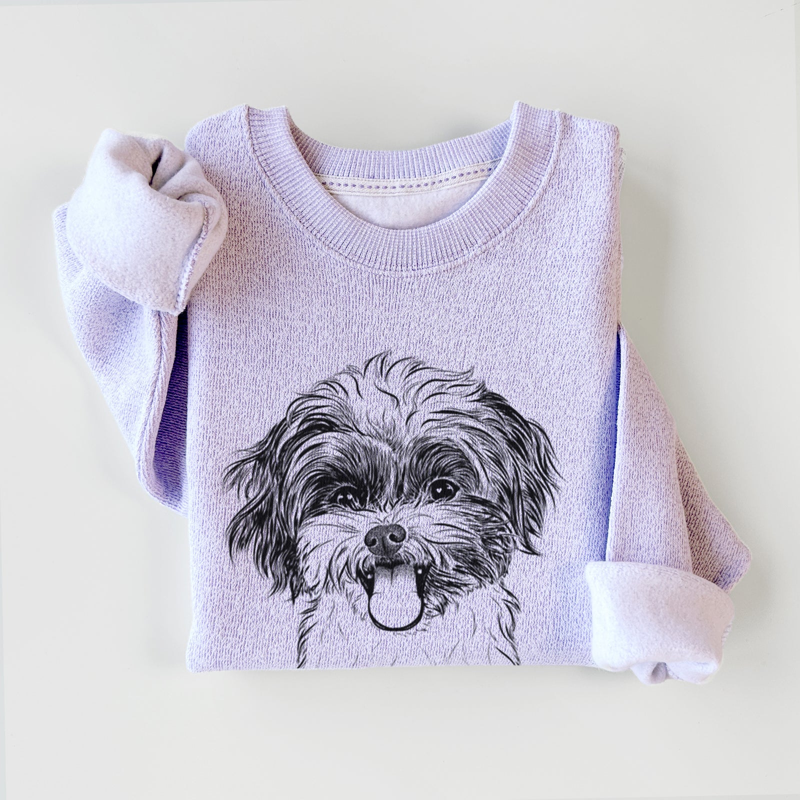 Hand-drawn sketch of Pepper the Shihpoo on an Ice Purple knit sweatshirt