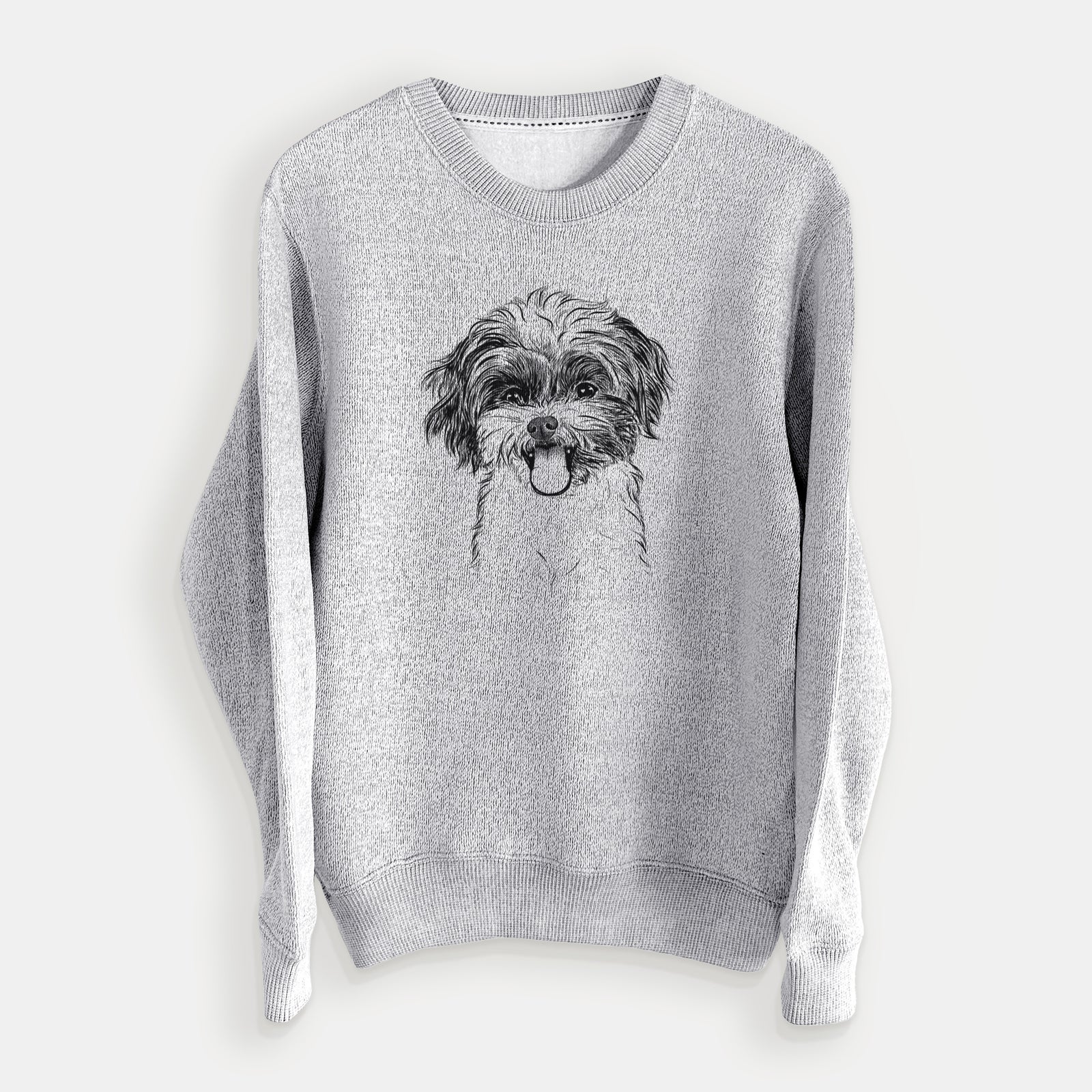 Hand-drawn sketch of Pepper the Shihpoo on a Salt Pepper knit sweatshirt