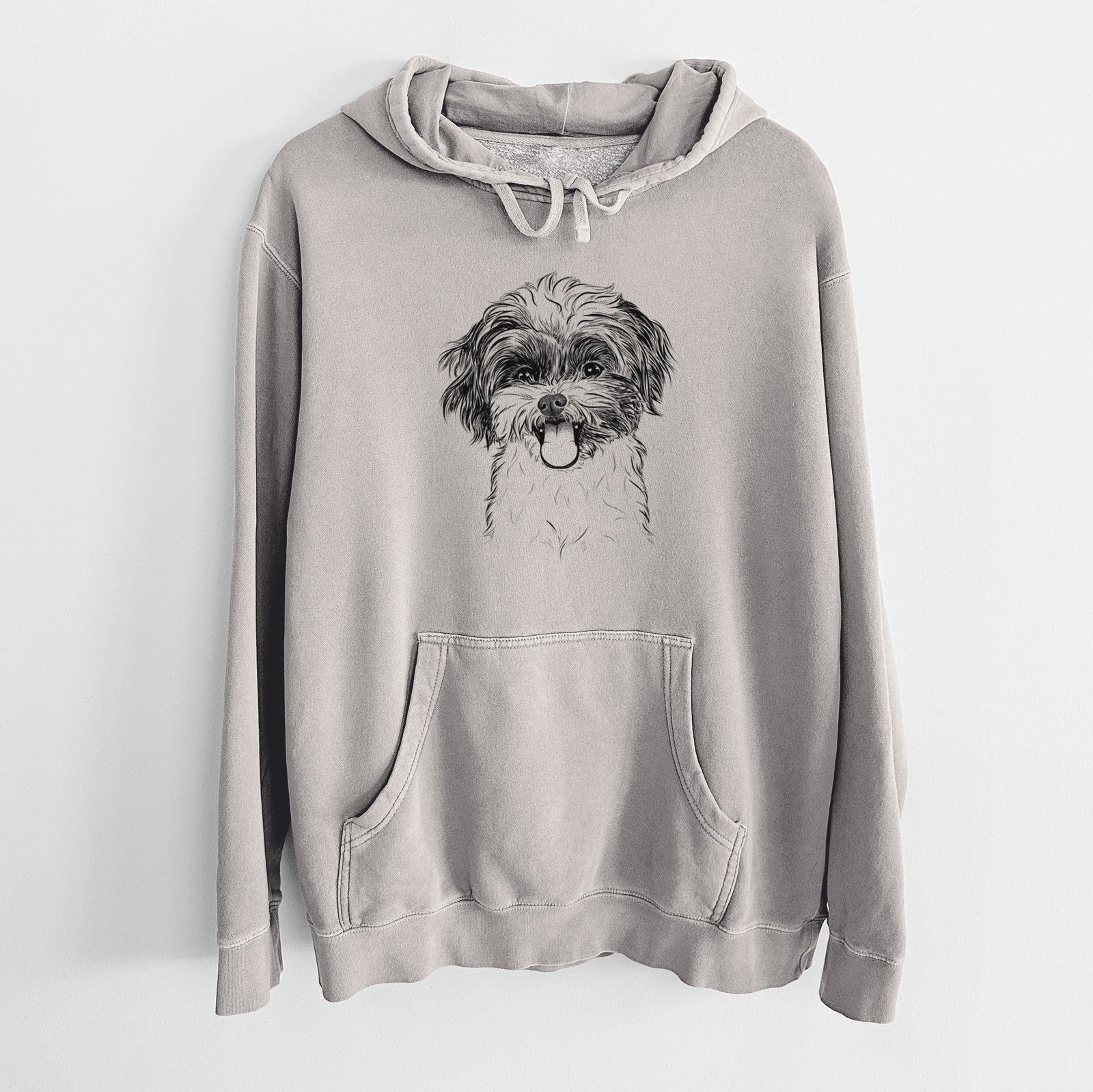 Hand-drawn sketch of Pepper the Shihpoo on a Cement Unisex pigment dyed hoodie