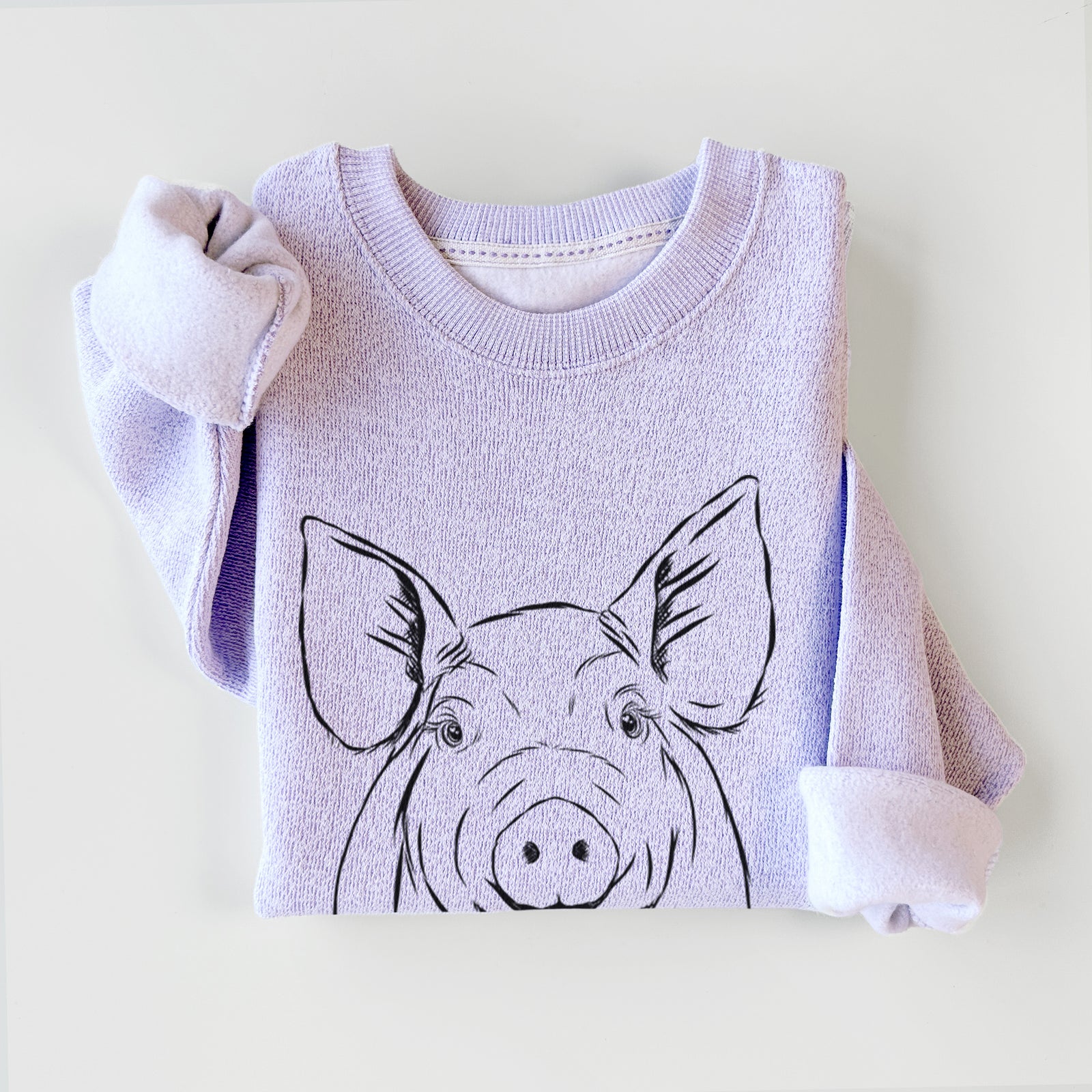 Hand-drawn sketch of Perry the Pig on an Ice Purple knit sweatshirt