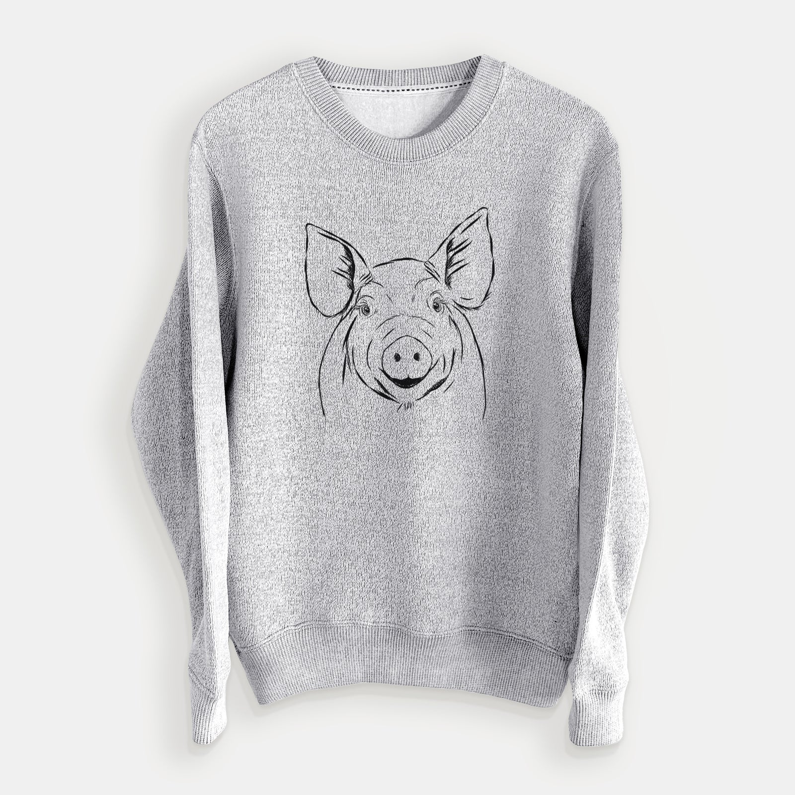 Hand-drawn sketch of Perry the Pig on a Salt Pepper knit sweatshirt