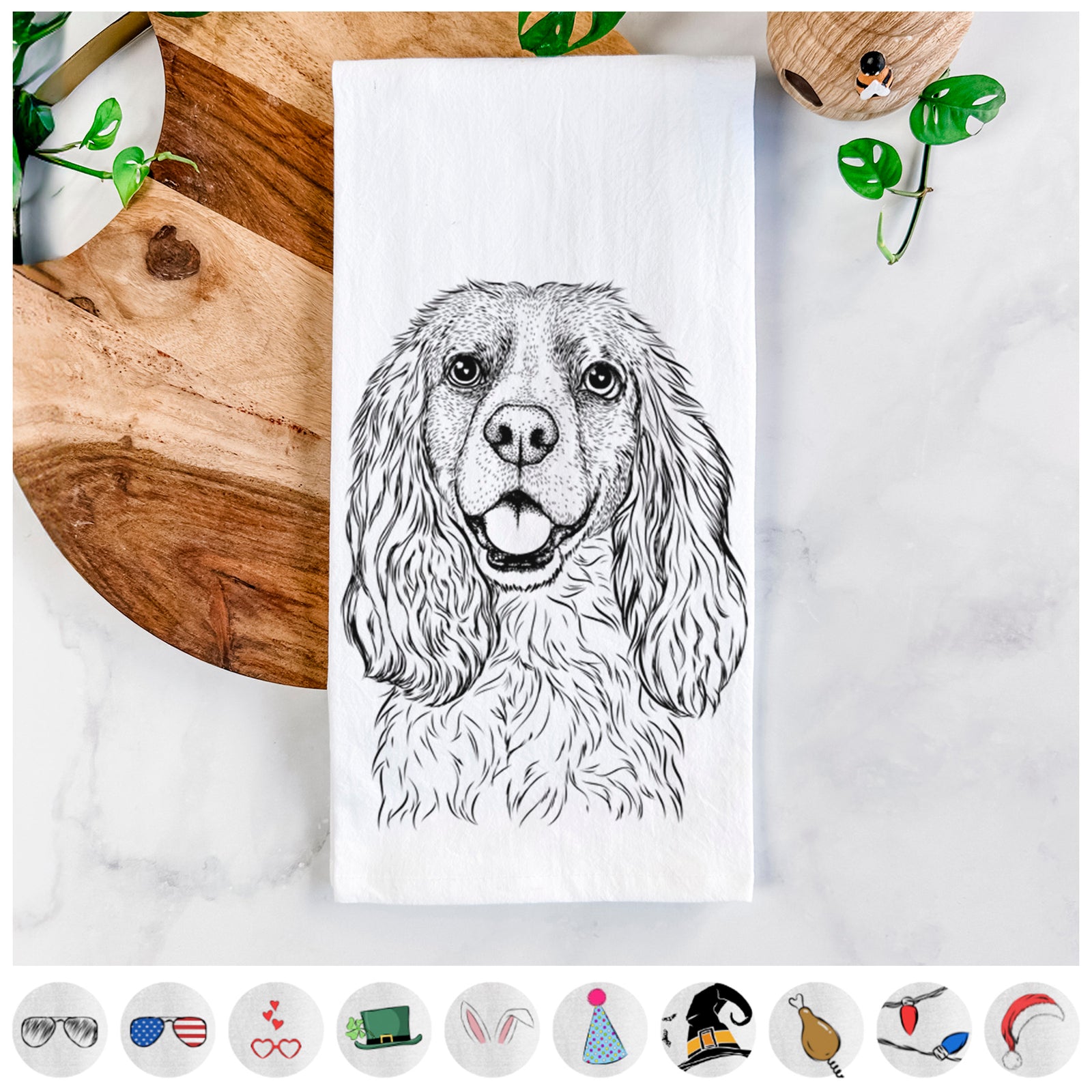 Hand-drawn sketch of Perry the Cockalier on a tea towel, shown with icons of the other available costume styles