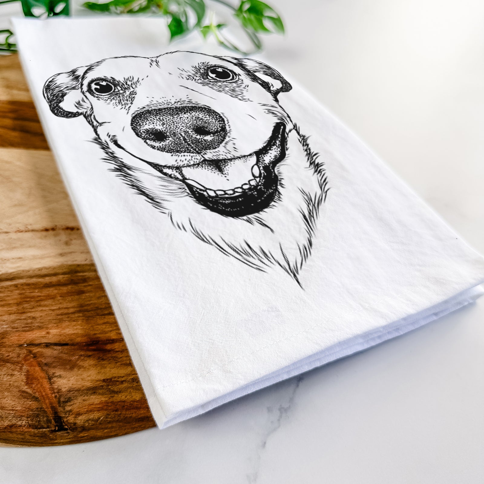Hand-drawn sketch of Petrah the Staffy Mix on a tea towel