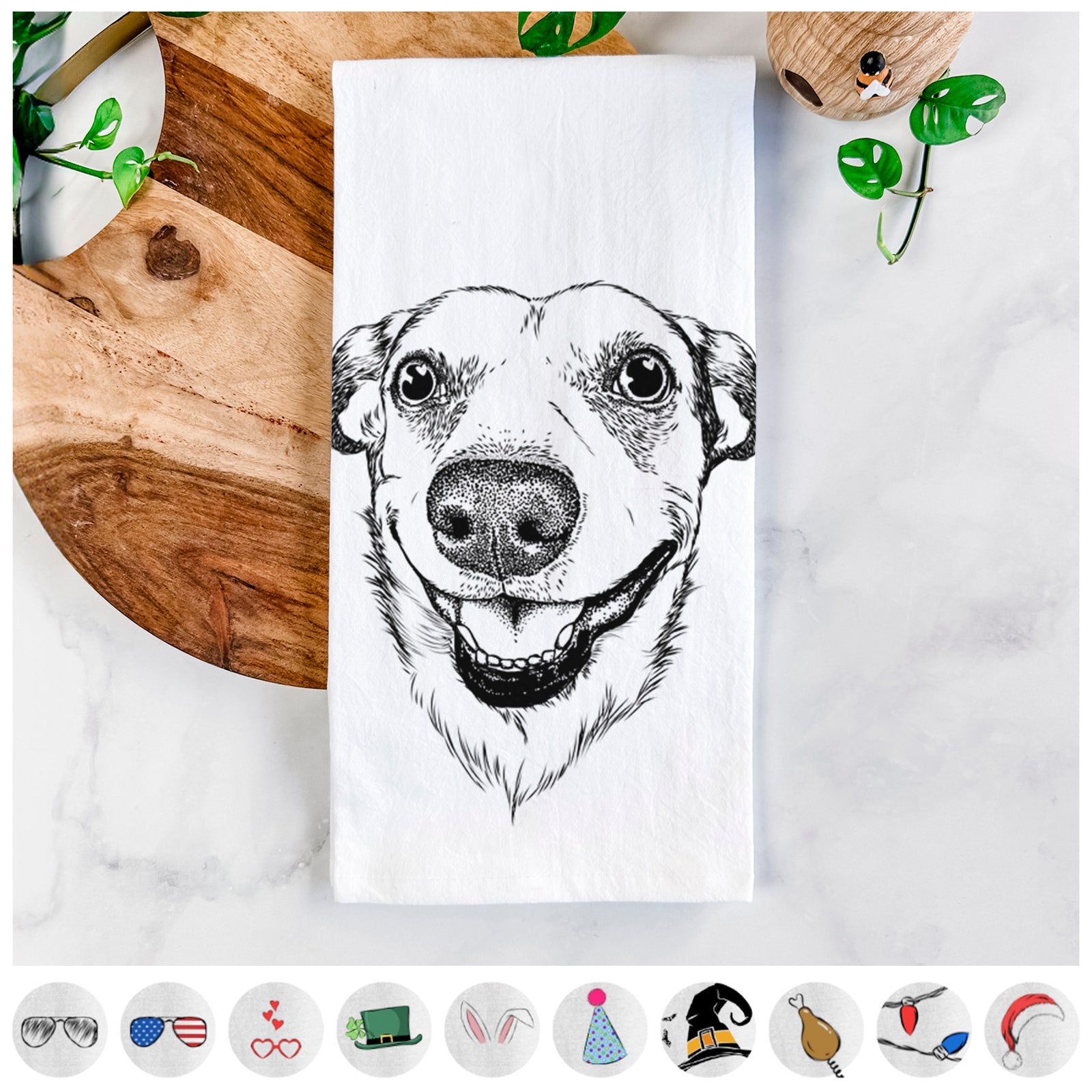 Hand-drawn sketch of Petrah the Staffy Mix on a tea towel, shown with icons of the other available costume styles