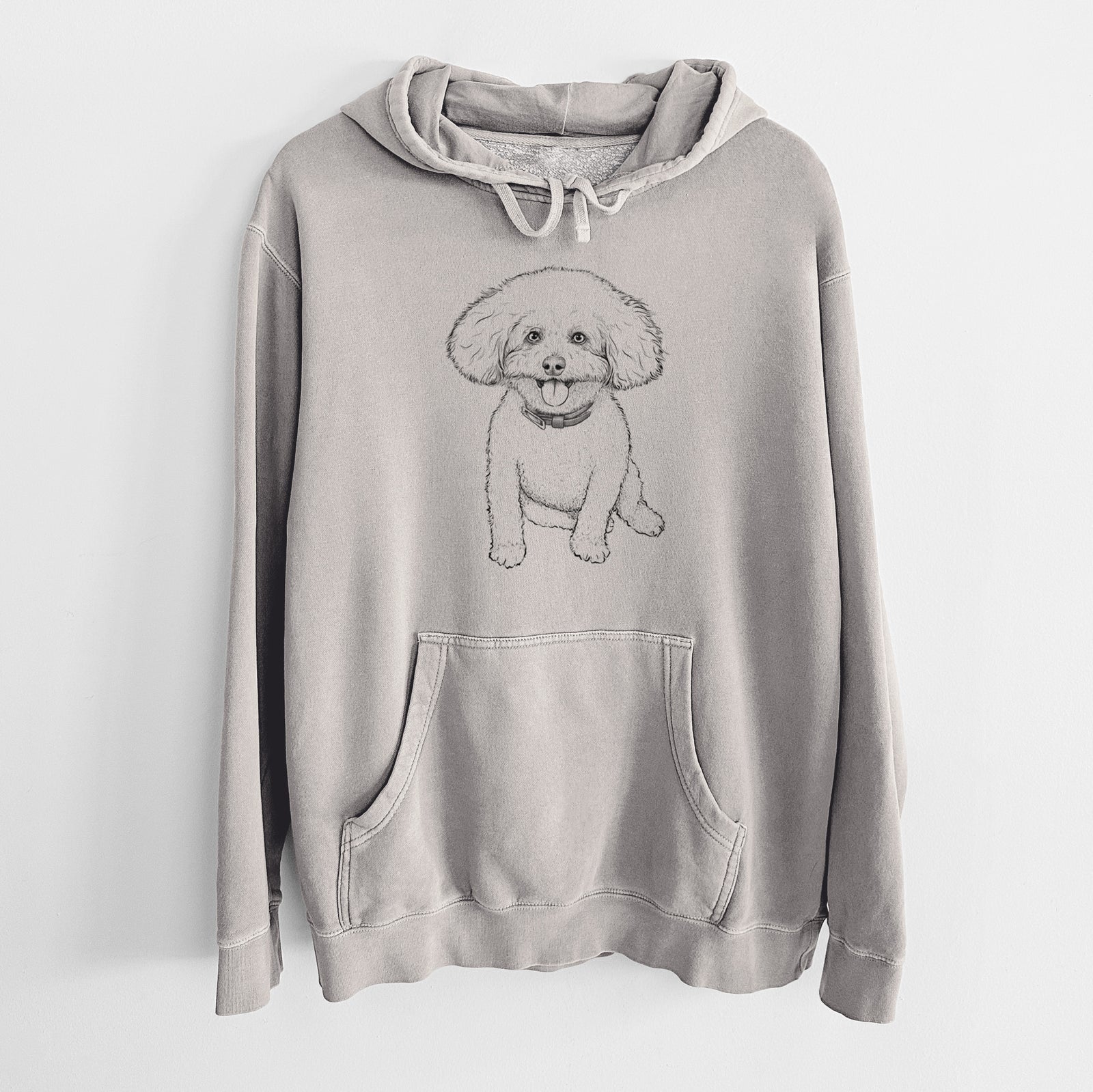 Hand-drawn sketch of Peyton the Bichon Frise on a Cement Unisex pigment dyed hoodie