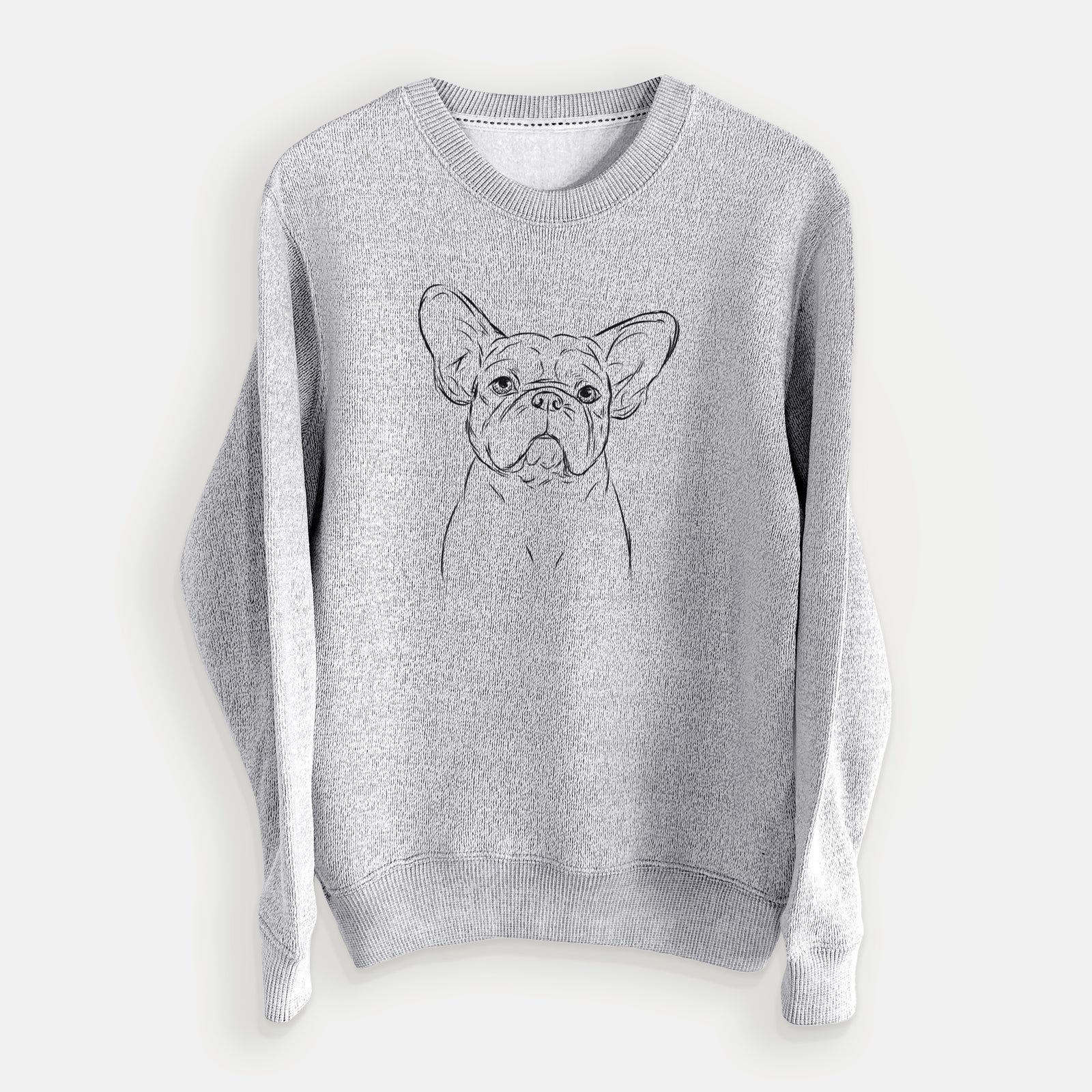 Hand-drawn sketch of Pierre the French Bulldog on a Salt Pepper knit sweatshirt