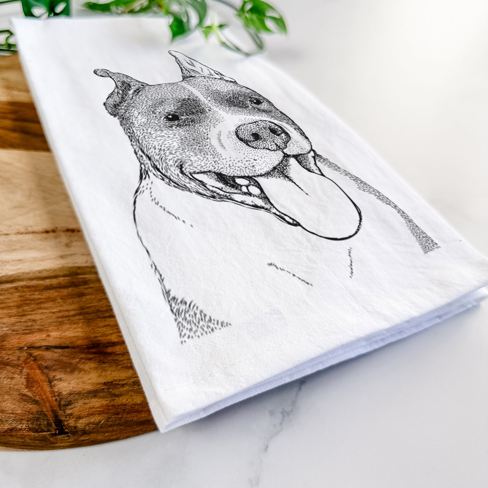 Hand-drawn sketch of Piggy the American Staffordshire Terrier on a tea towel