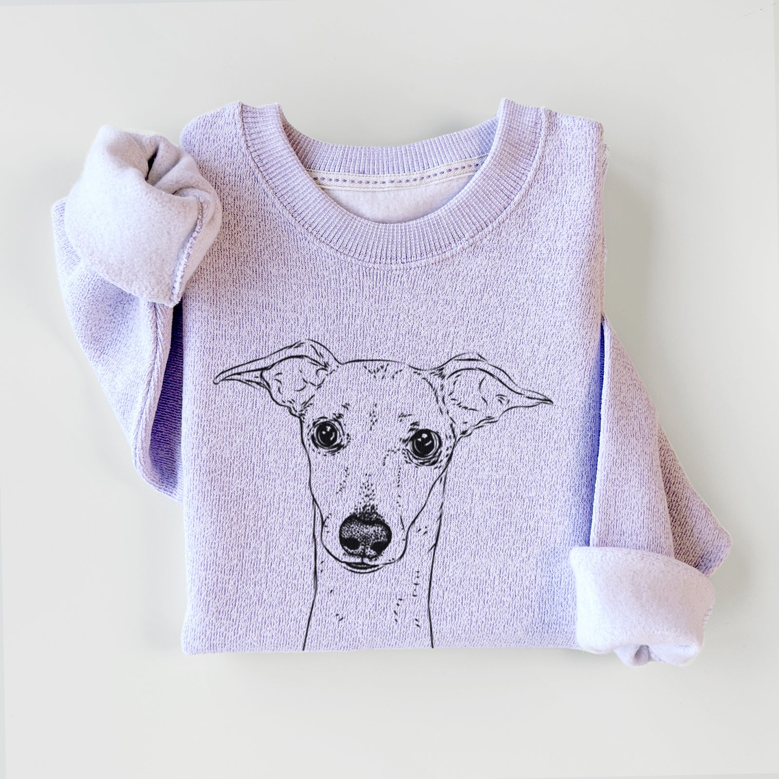 Hand-drawn sketch of Pip the Italian Greyhound on an Ice Purple knit sweatshirt