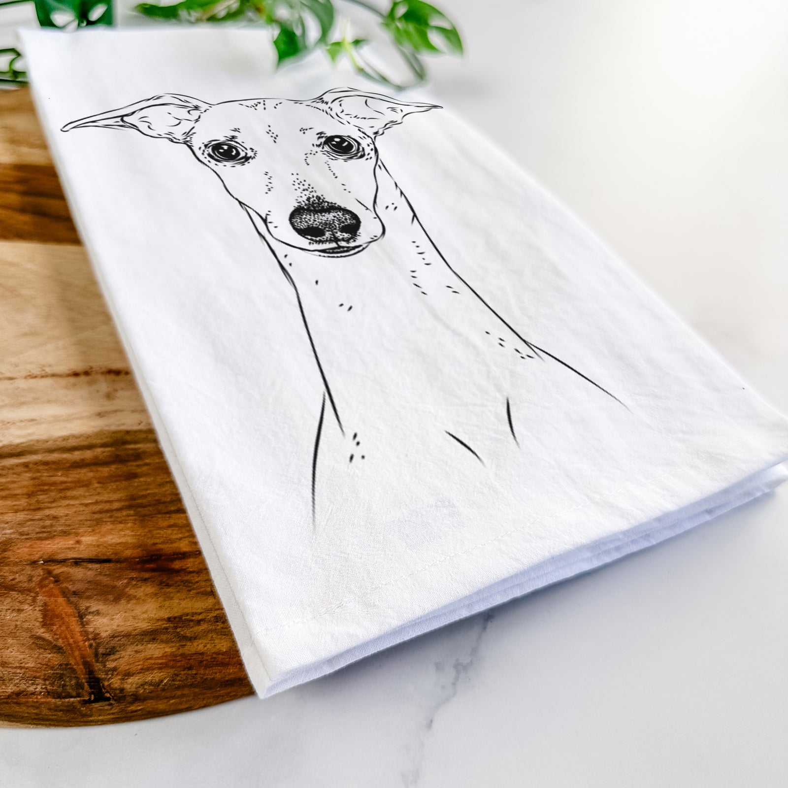 Hand-drawn sketch of Pip the Italian Greyhound on a tea towel