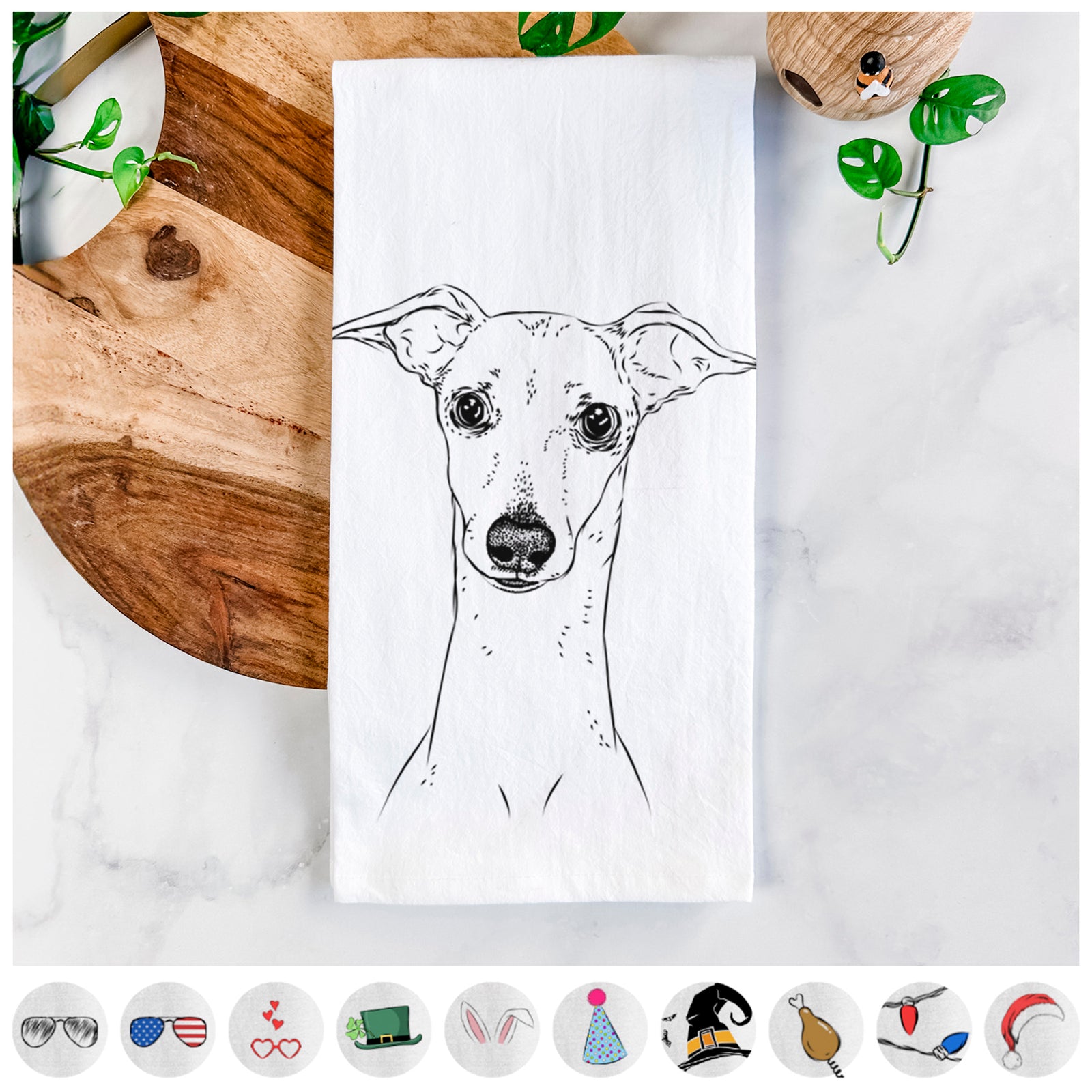 Hand-drawn sketch of Pip the Italian Greyhound on a tea towel, shown with icons of the other available costume styles