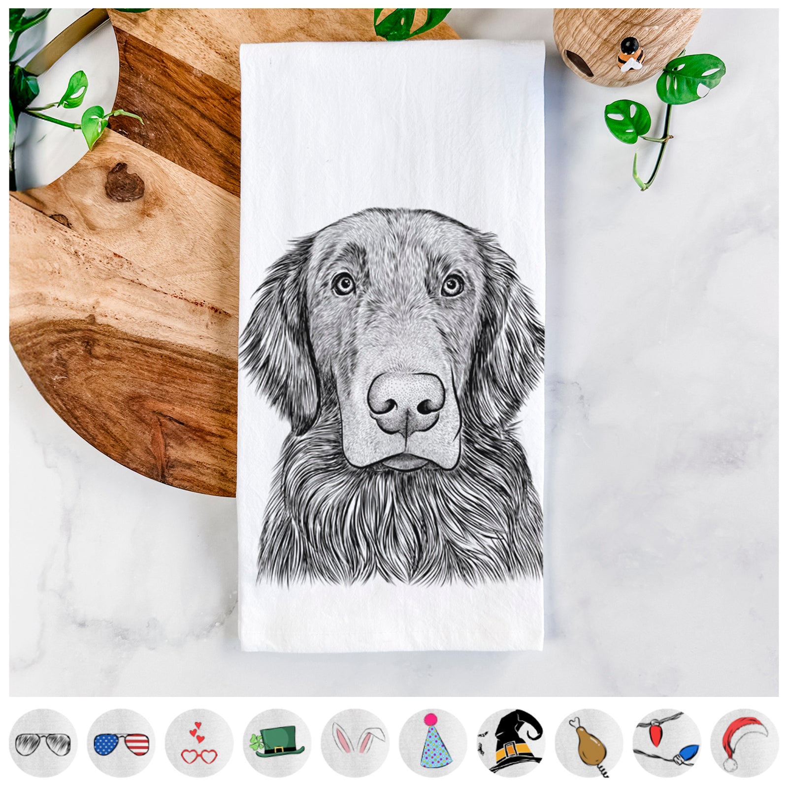 Hand-drawn sketch of Pippin the Flat Coated Retriever on a tea towel, shown with icons of the other available costume styles