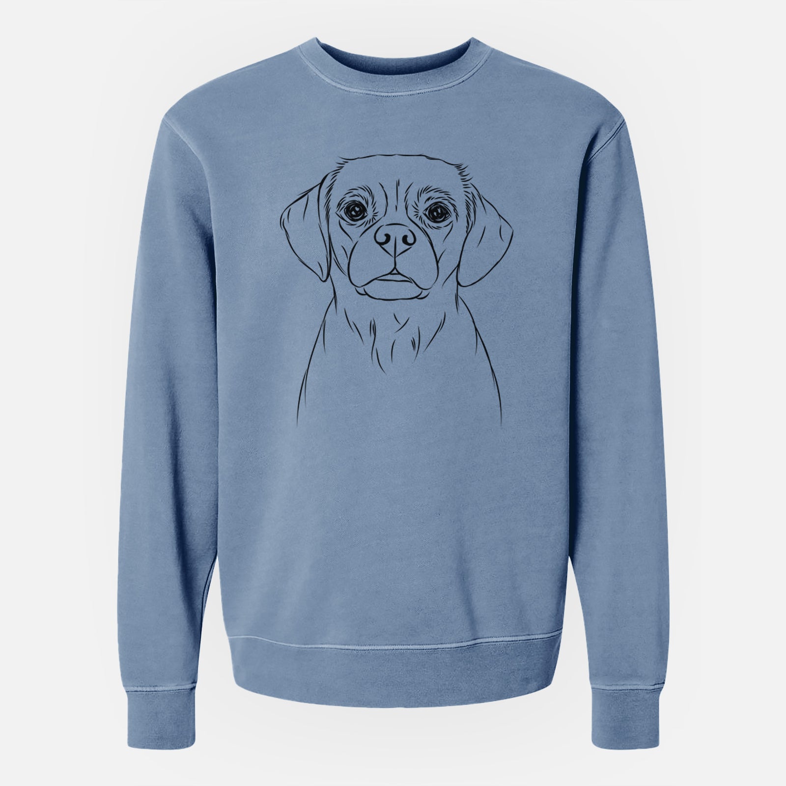 Hand-drawn sketch of Popcorn the Puggle on a Slate Blue Unisex pigment dyed crew sweatshirt