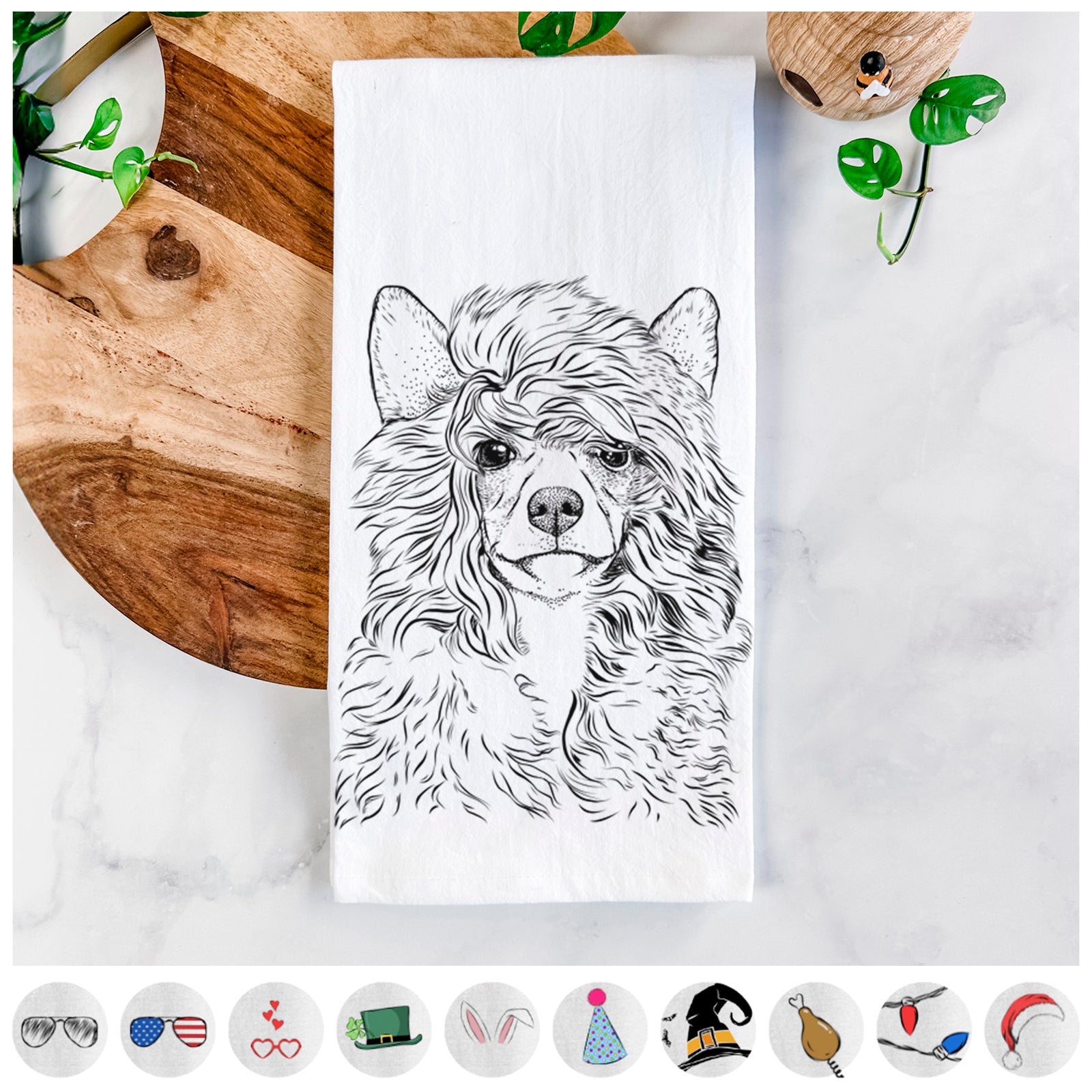 Hand-drawn sketch of Preston the Powderpuff Chinese Crested on a tea towel, shown with icons of the other available costume styles