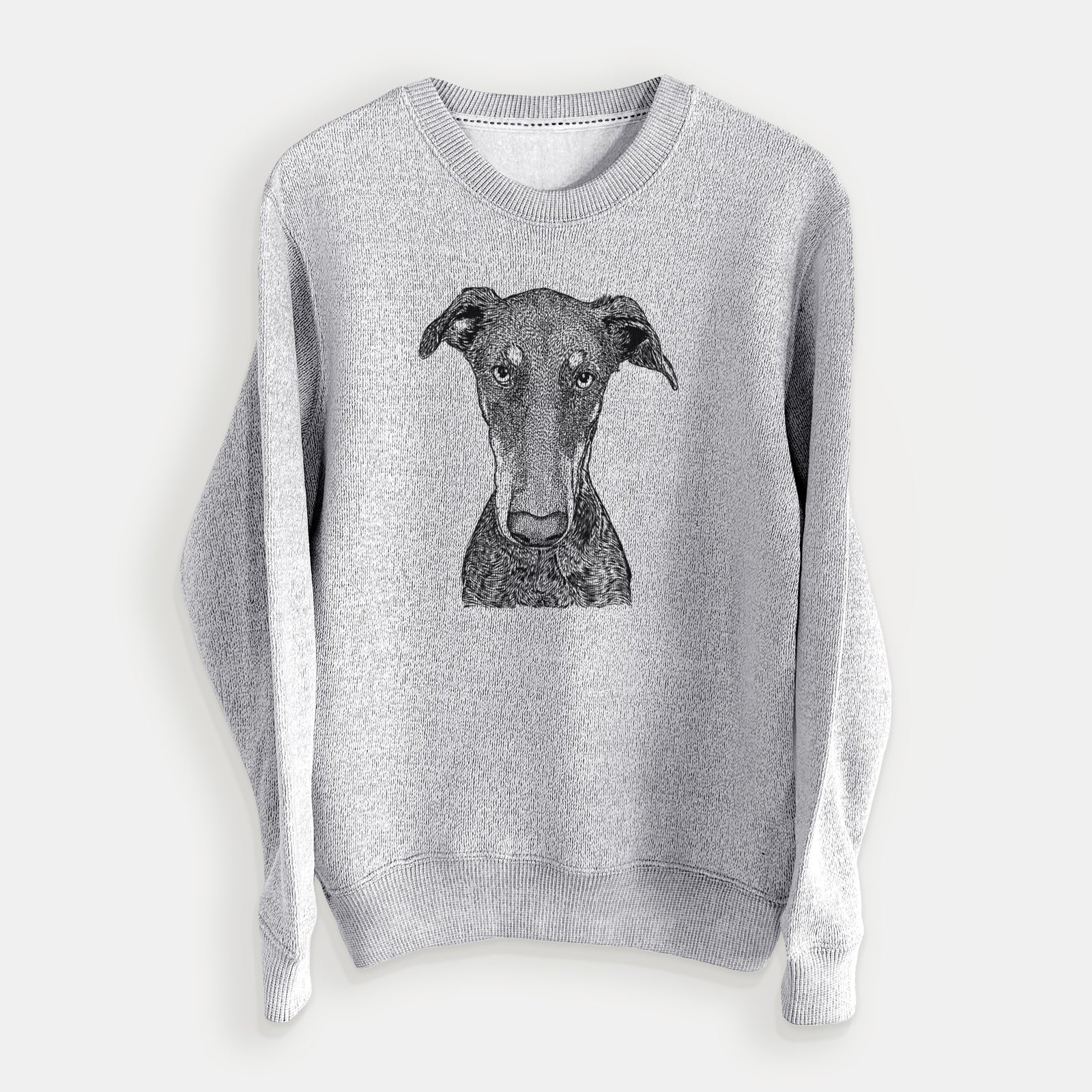 Hand-drawn sketch of Princess Fiona the Doberman Pinscher on a Salt Pepper knit sweatshirt