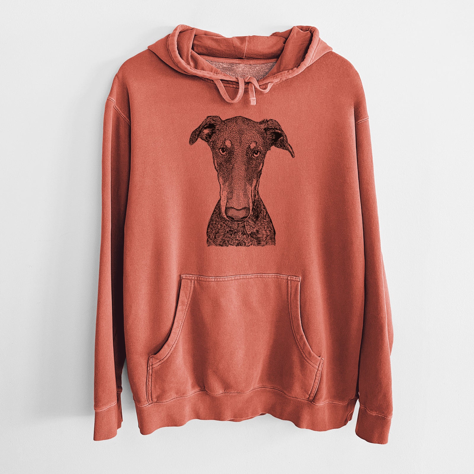 Hand-drawn sketch of Princess Fiona the Doberman Pinscher on an Amber Unisex pigment dyed hoodie