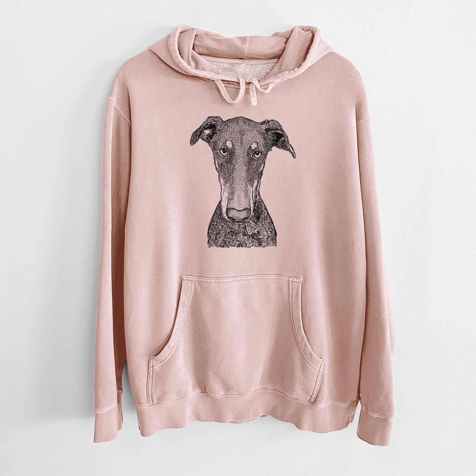 Hand-drawn sketch of Princess Fiona the Doberman Pinscher on a Dusty Pink Unisex pigment dyed hoodie