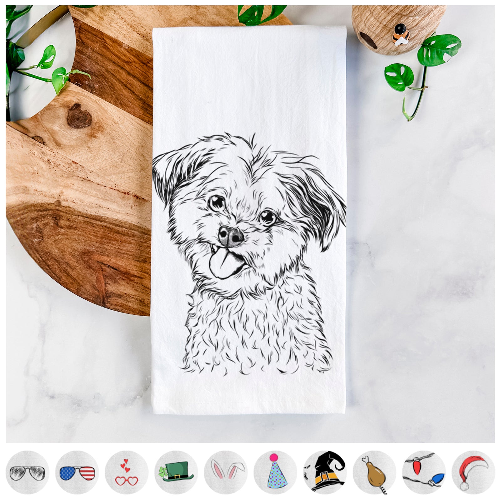 Hand-drawn sketch of Puff the Malshi on a tea towel, shown with icons of the other available costume styles
