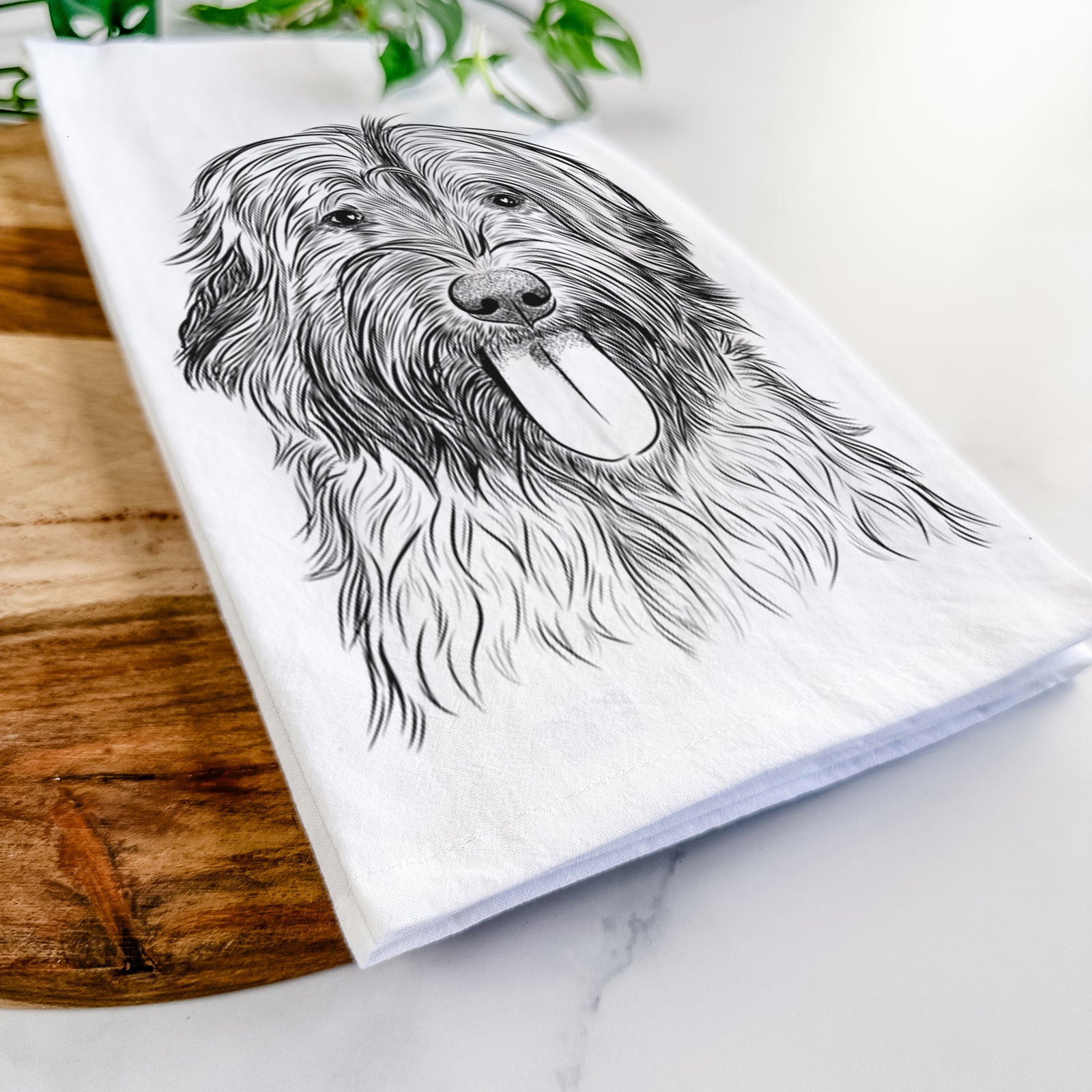 Hand-drawn sketch of Puig the Catalan Sheepdog on a tea towel