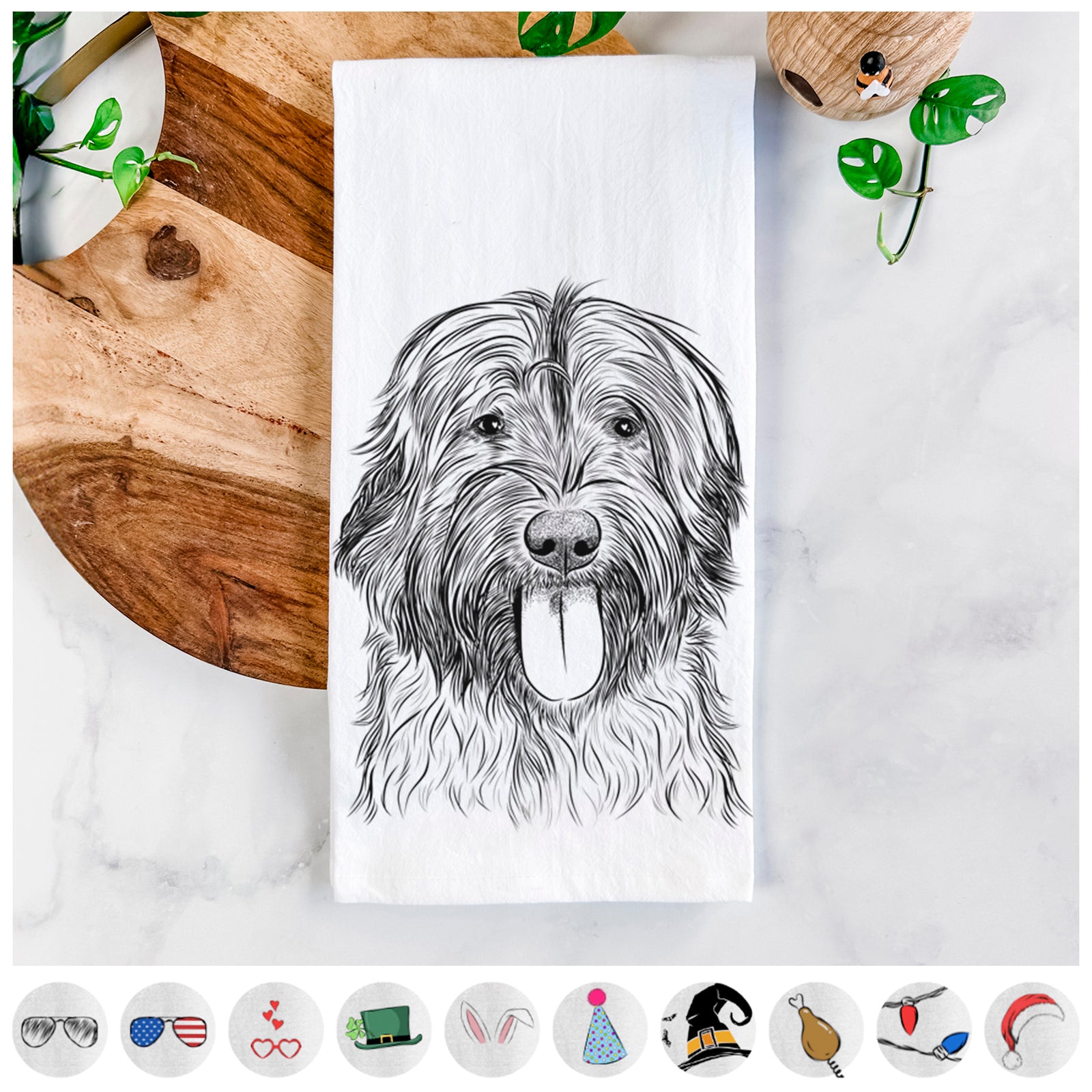 Hand-drawn sketch of Puig the Catalan Sheepdog on a tea towel, shown with icons of the other available costume styles