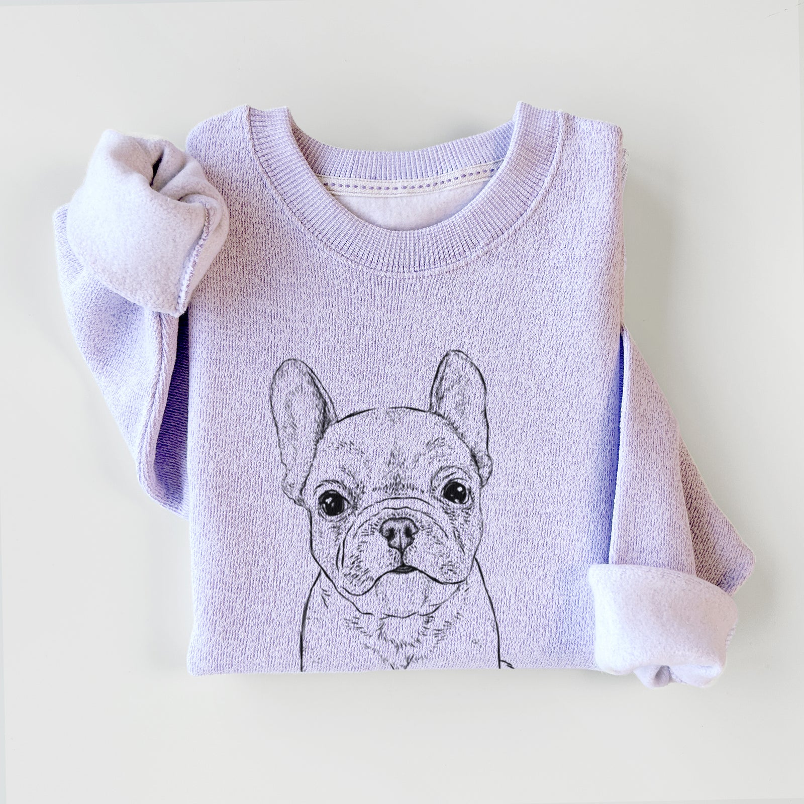 Hand-drawn sketch of Puppy Pierre the French Bulldog on an Ice Purple knit sweatshirt