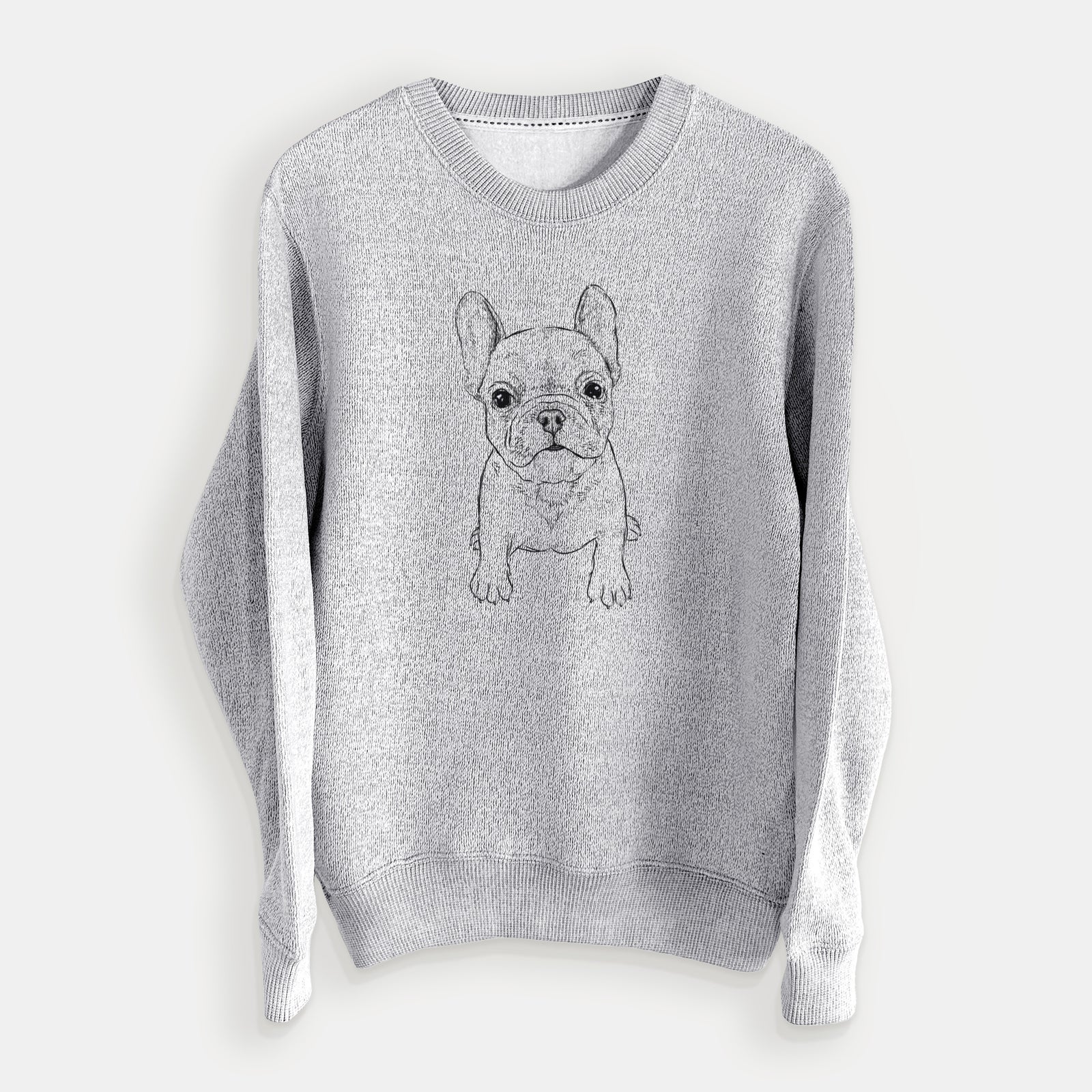 Hand-drawn sketch of Puppy Pierre the French Bulldog on a Salt Pepper knit sweatshirt