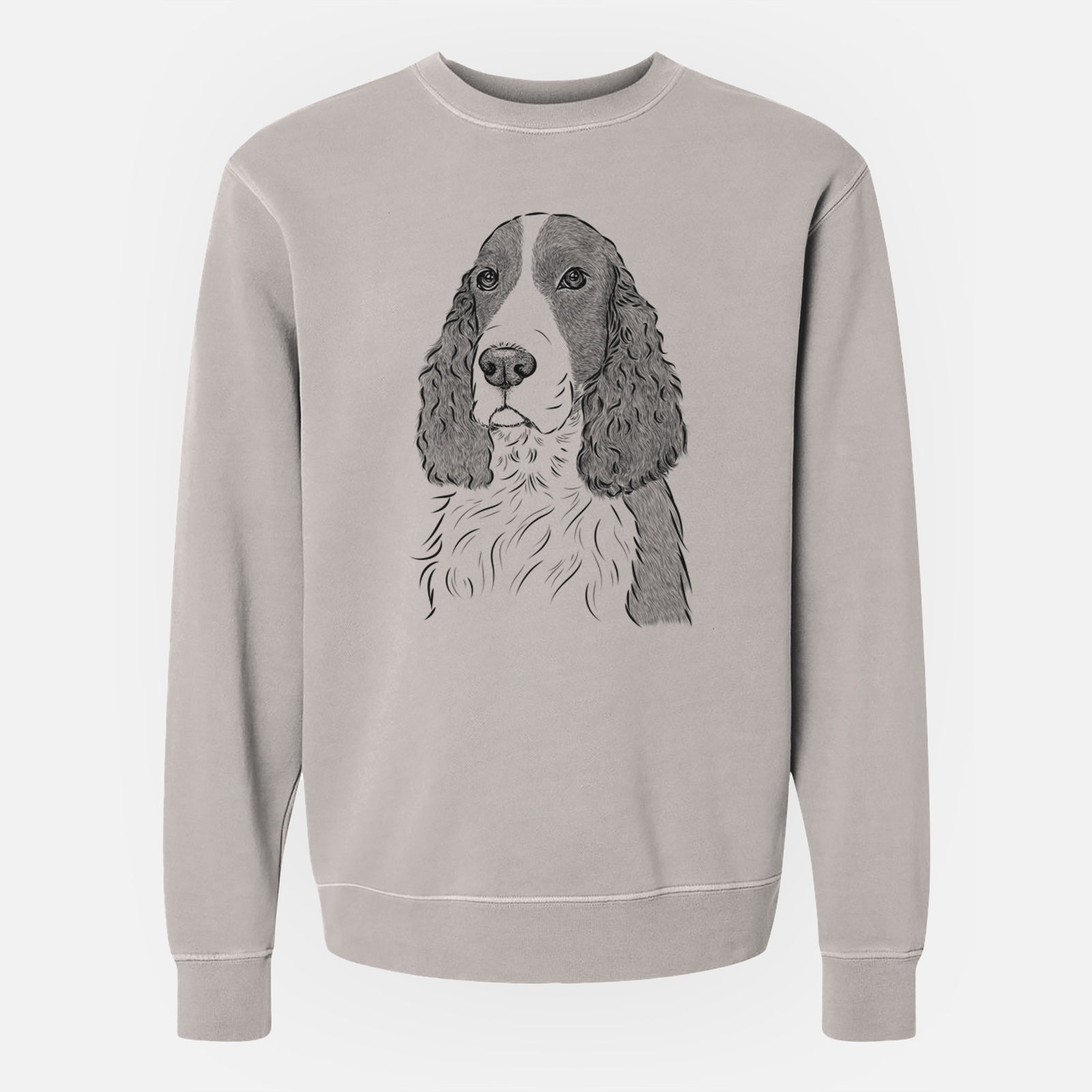 Hand-drawn sketch of Quincy the English Springer Spaniel on a Cement Unisex pigment dyed crew sweatshirt