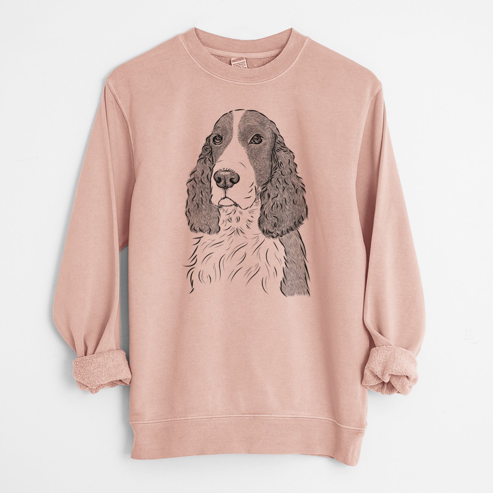 Hand-drawn sketch of Quincy the English Springer Spaniel on a Dusty Pink Unisex pigment dyed crew sweatshirt