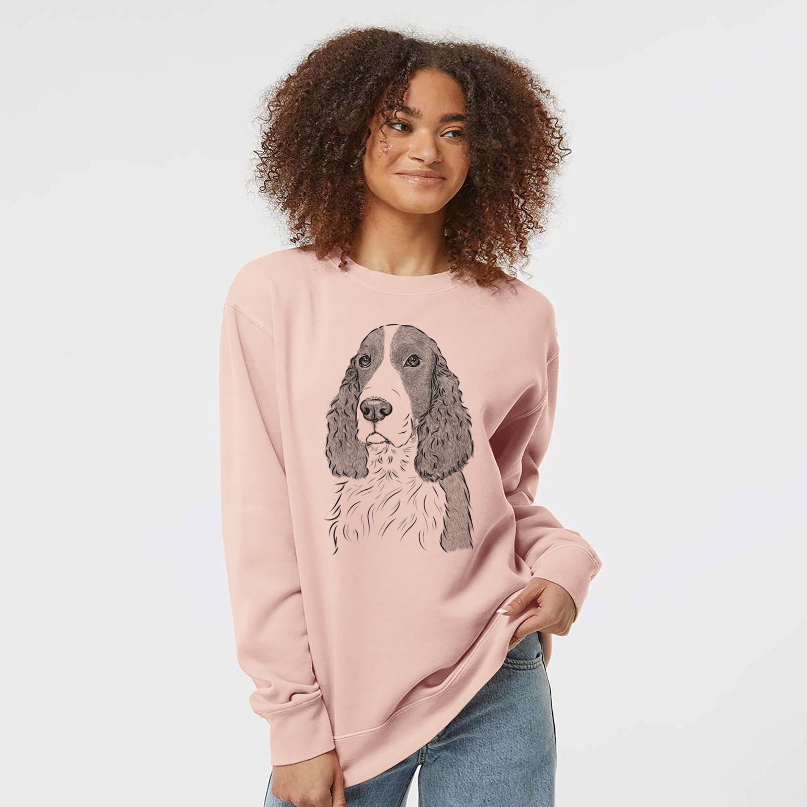 Hand-drawn sketch of Quincy the English Springer Spaniel on a Dusty Pink Unisex pigment dyed crew sweatshirt
