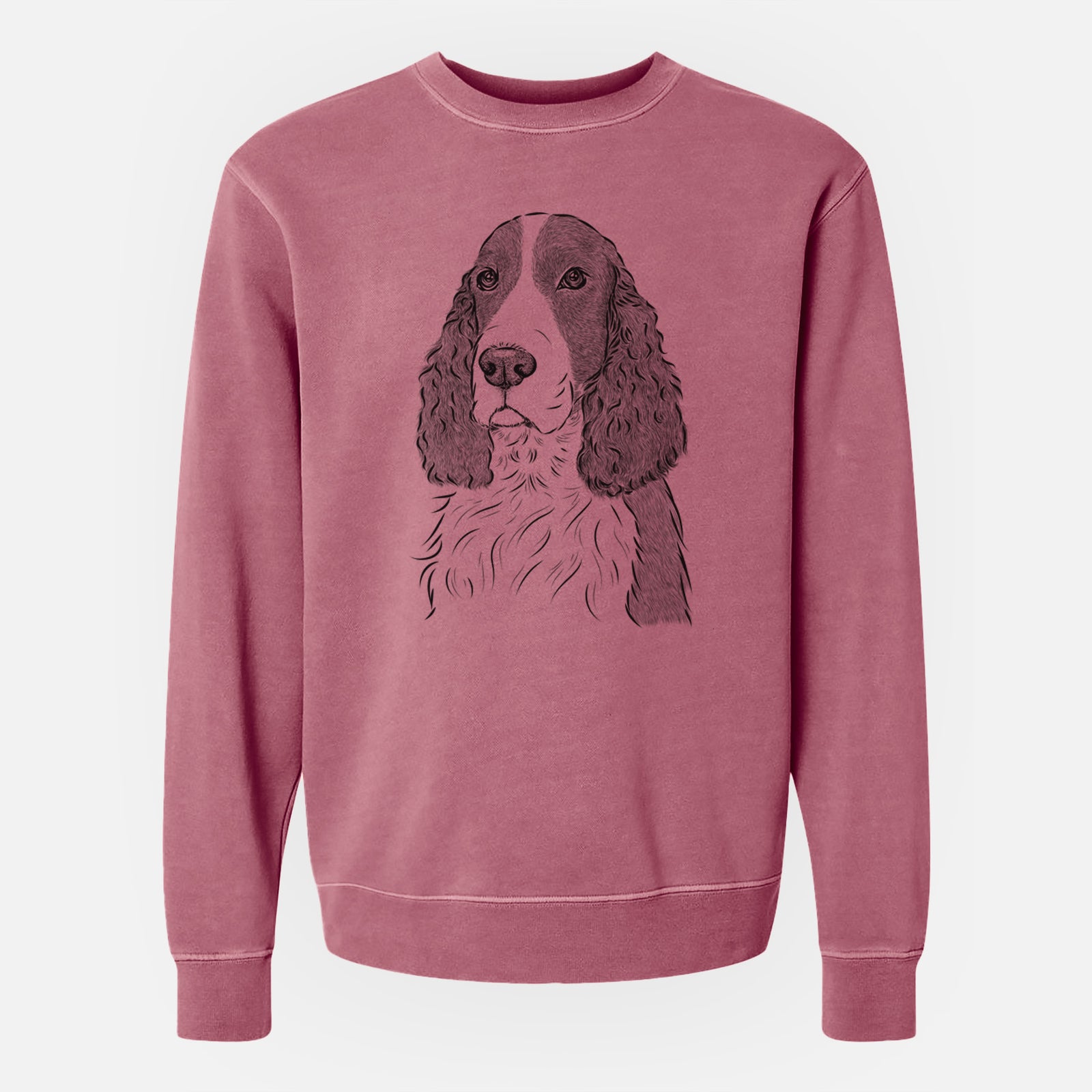 Hand-drawn sketch of Quincy the English Springer Spaniel on a Maroon Unisex pigment dyed crew sweatshirt