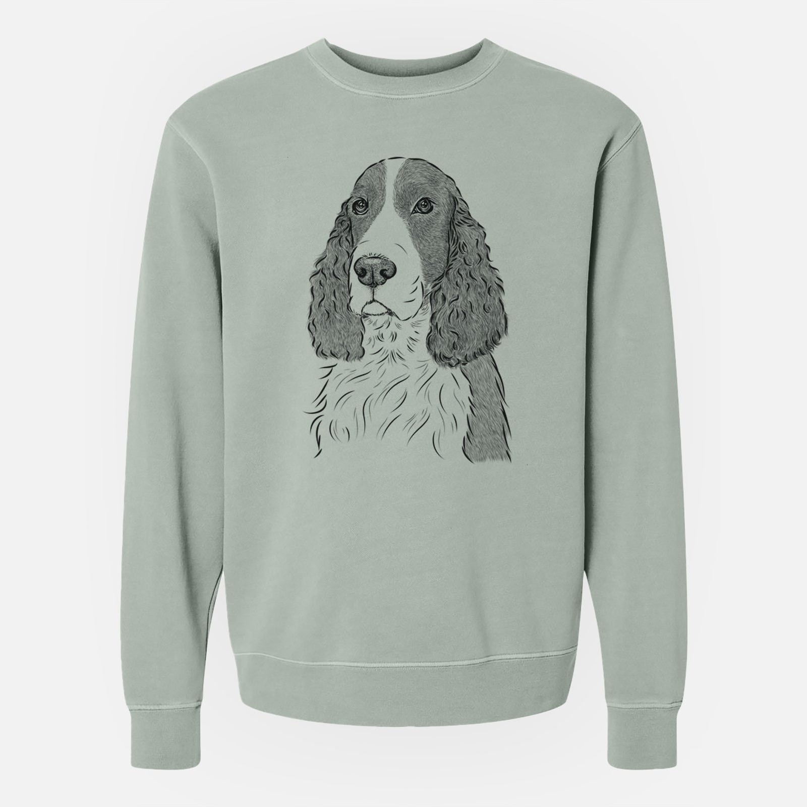 Hand-drawn sketch of Quincy the English Springer Spaniel on a Sage Unisex pigment dyed crew sweatshirt
