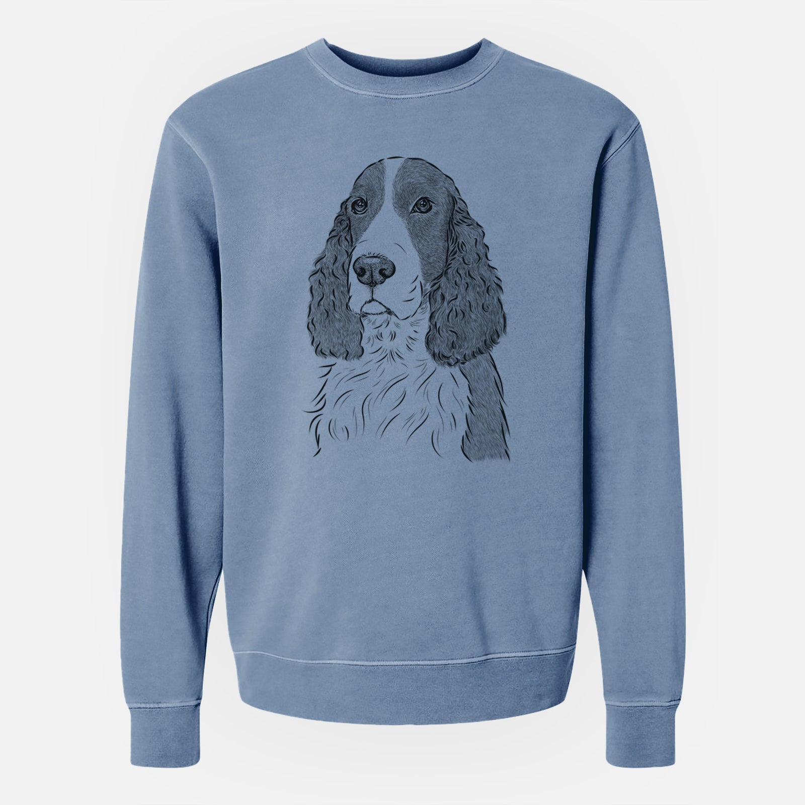 Hand-drawn sketch of Quincy the English Springer Spaniel on a Slate Blue Unisex pigment dyed crew sweatshirt