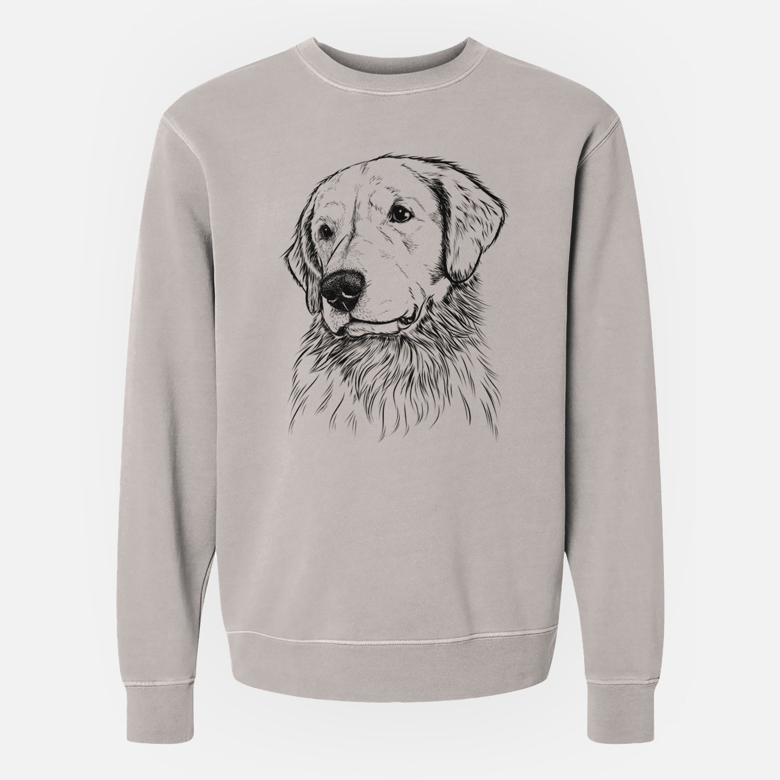 Hand-drawn sketch of Quinn the Golden Retriever on a Cement Unisex pigment dyed crew sweatshirt