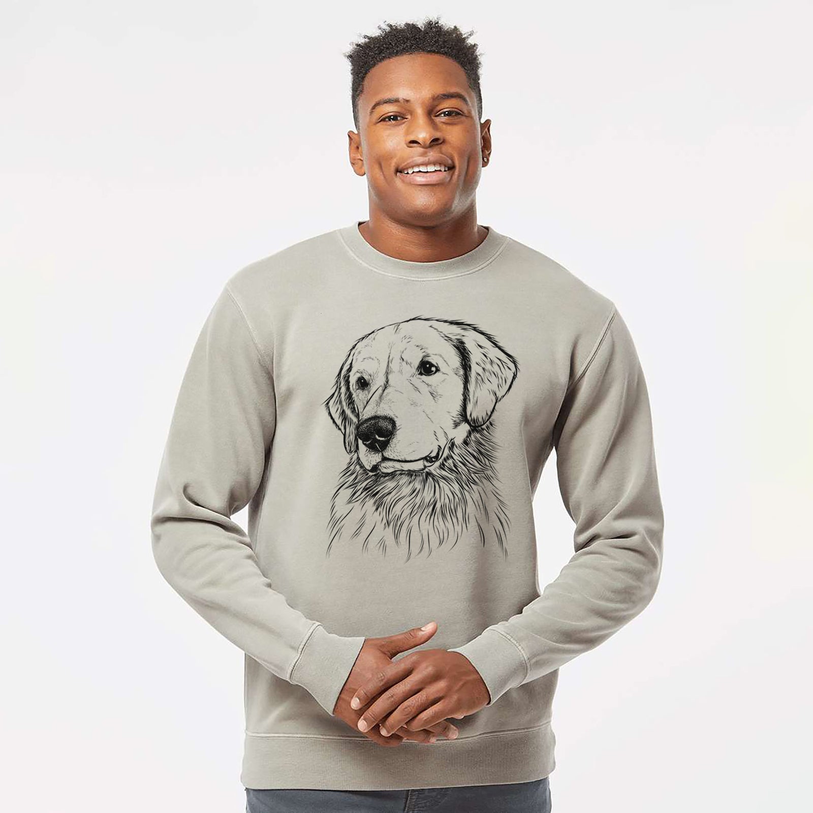 Hand-drawn sketch of Quinn the Golden Retriever on a Cement Unisex pigment dyed crew sweatshirt