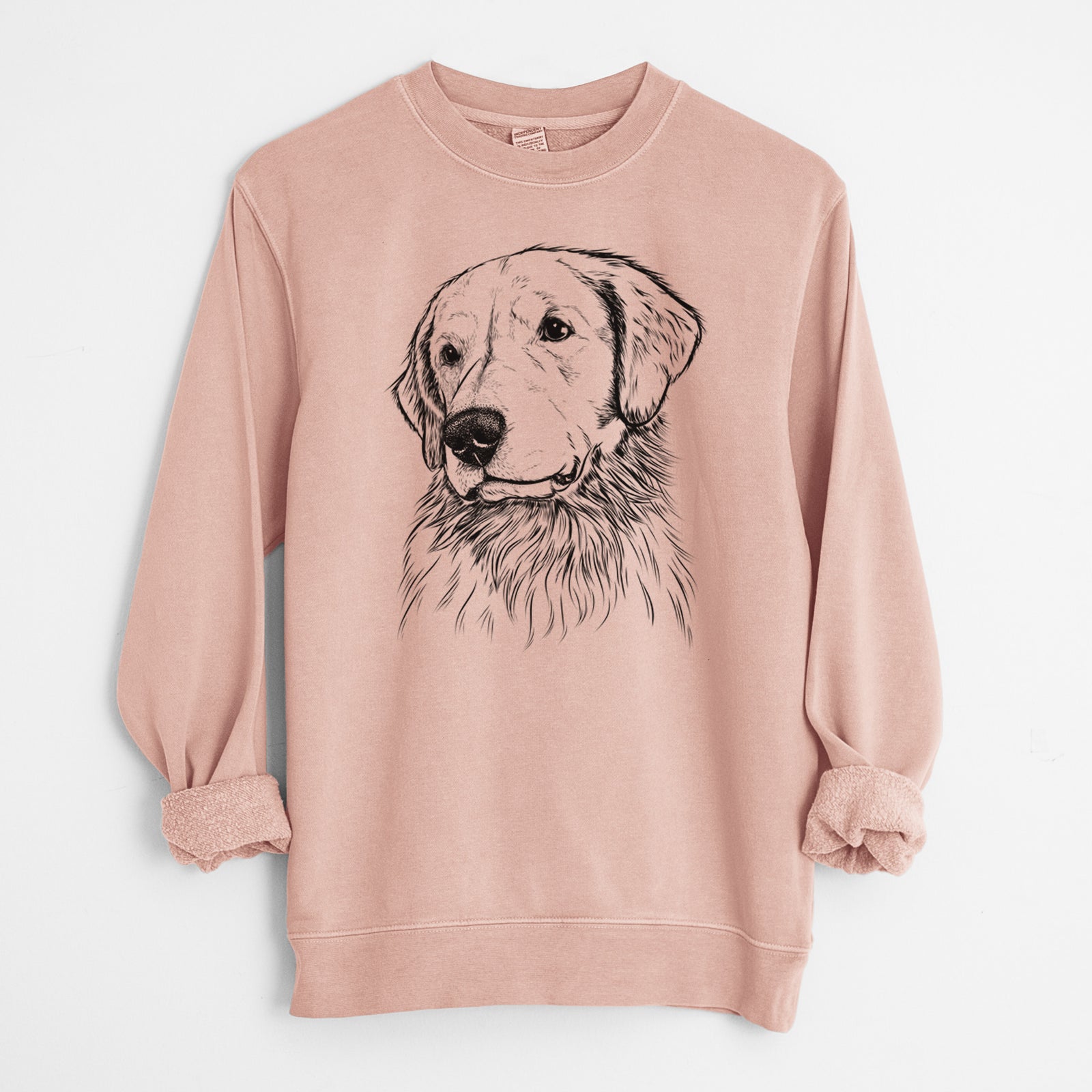 Hand-drawn sketch of Quinn the Golden Retriever on a Dusty Pink Unisex pigment dyed crew sweatshirt