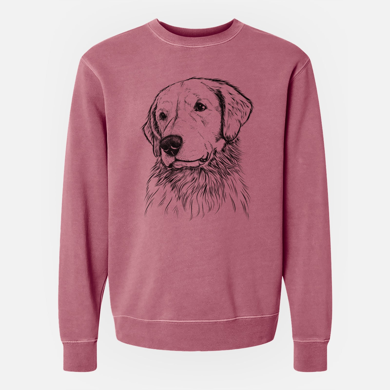 Hand-drawn sketch of Quinn the Golden Retriever on a Maroon Unisex pigment dyed crew sweatshirt
